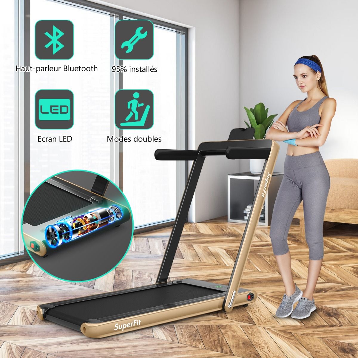 2 en 1 Tapis de Course Electrique Pliable 1 12 Km/H avec Haut-parleur Bluetooth Tlcommande Moteur 0,75HP Vert/Blanc/Noir/Rouge/Or/Noir et Argent/Bleu -