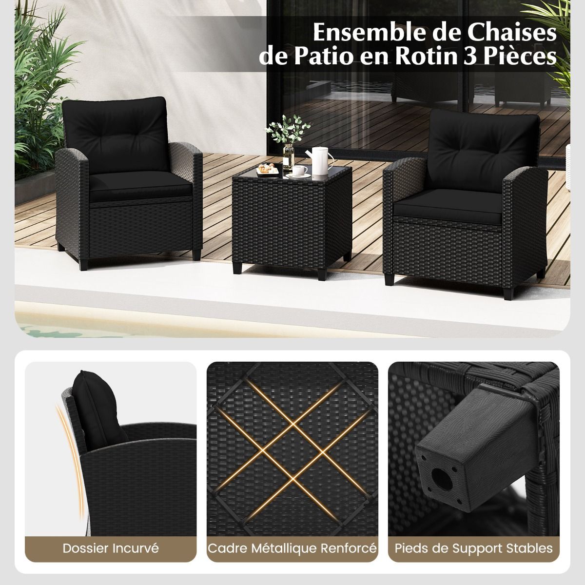 Ensemble de Meubles 3 Pièces de Patio en Rotin Charge 180KG Salon de Jardin 2 Fauteuils Table Basse avec Plateau Noir/Beige/Blanc -