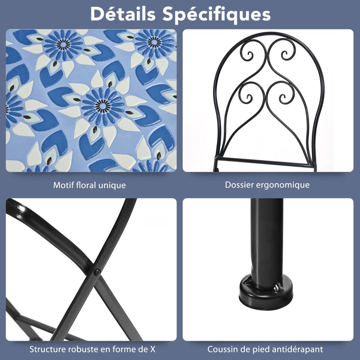 Ensemble Table et 2 Chaises Pliantes de Bistrot 2 Personnes Design Carreaux de Mosaïque Collés sur du Ciment pour Terrasse -