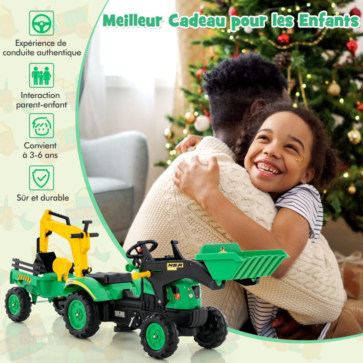 3 en 1 Tracteur pour Enfant avec 6 Roues Jouet Pelle Remorque Amovible avec Volant Klaxon 3 6 Ans Jaune/Vert -