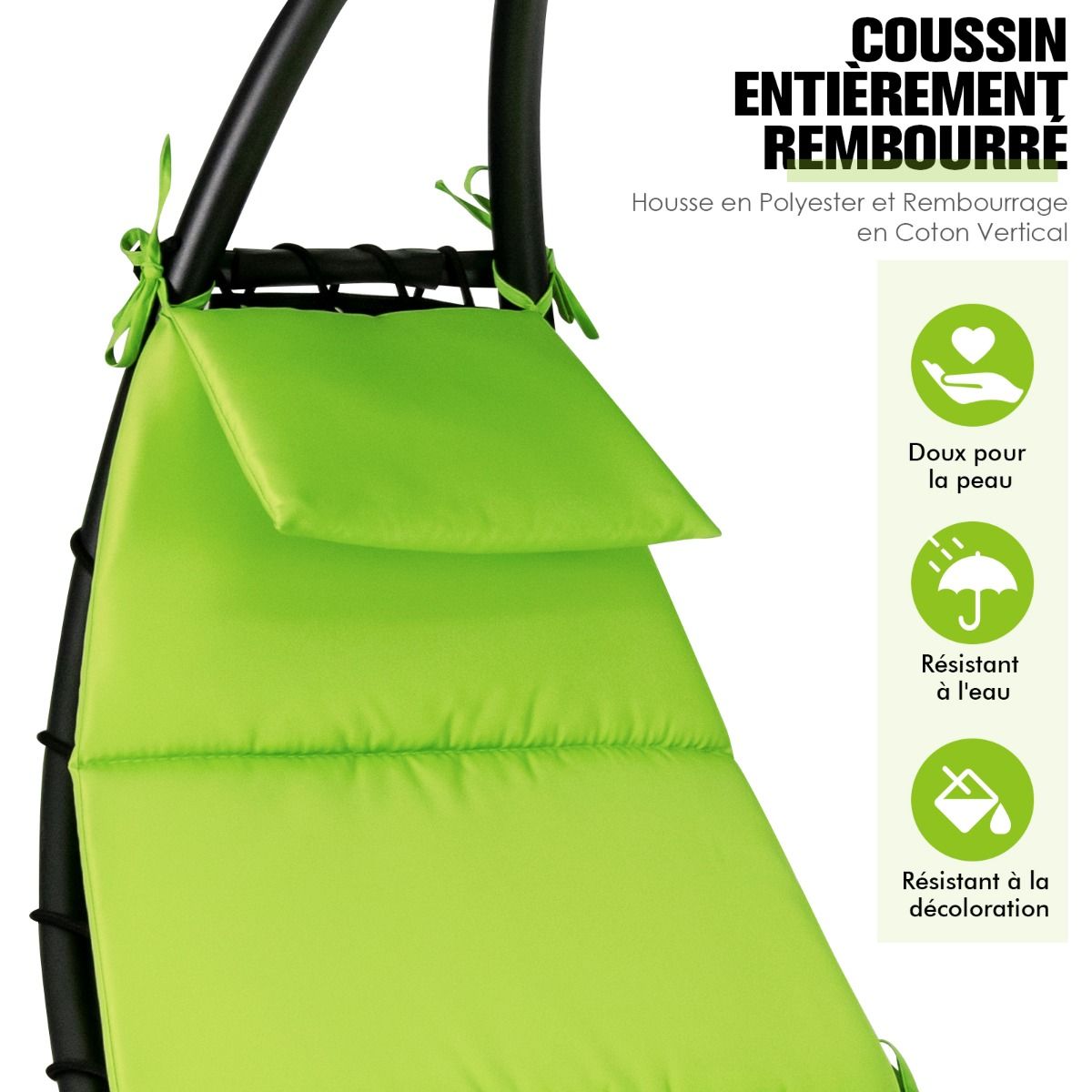Bain de Soleil Bascule Transat Suspendu avec Pare-Soleil & Coussin Hamac Charge 150KG 184 cm x 147 cm x 187 cm Vert -