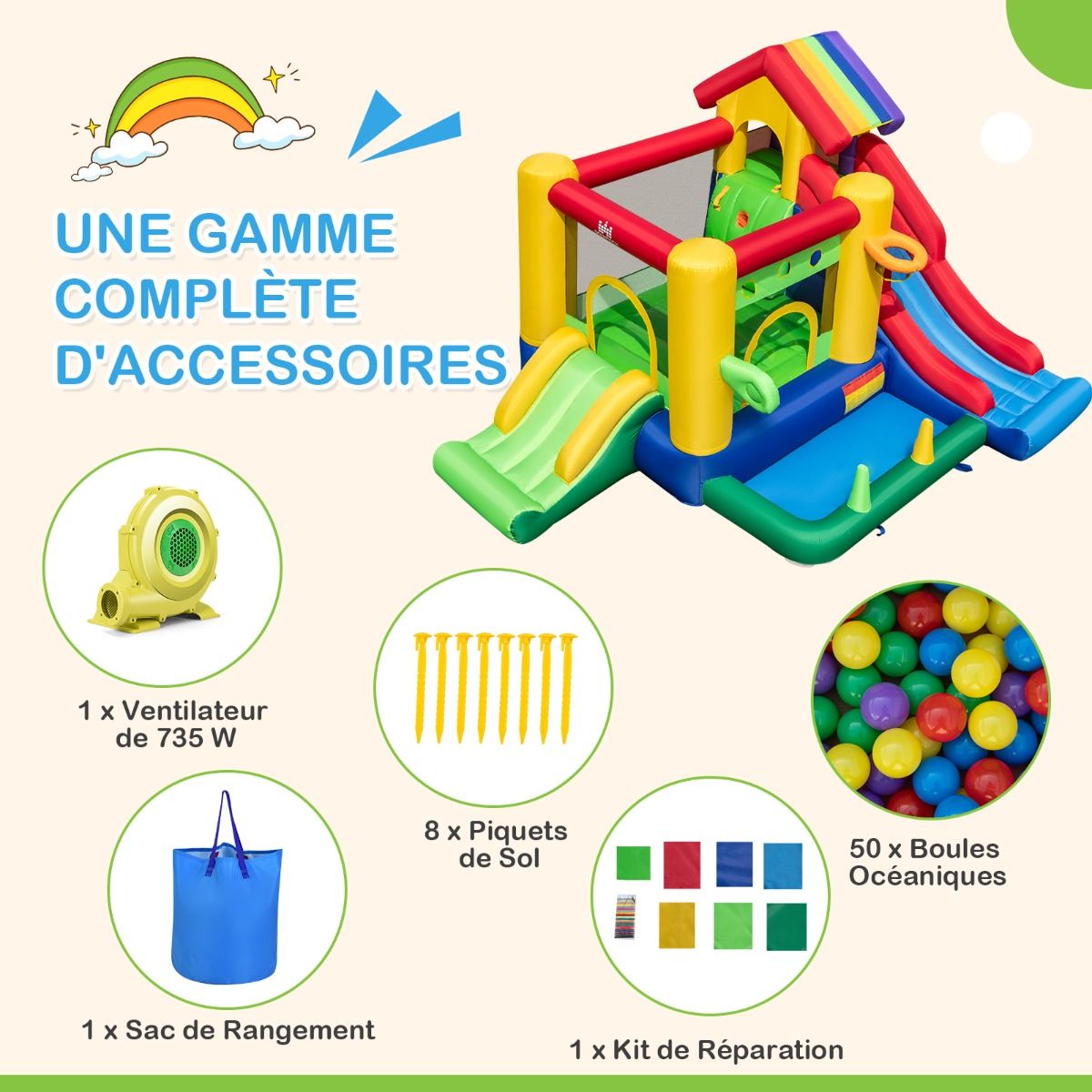 Ch芒teau Gonflable Thme Arc-en-ciel 7 en 1 avec Ventilateur Double Toboggans Piscine Balles Panier de Basket Charge 90kg -