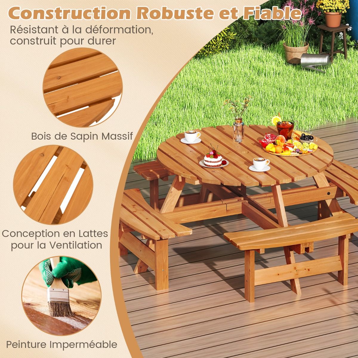Ensemble Table de Pique-Nique en Bois pour 2 8 Personnes Set Table et Banc Circulaire avec 4 Bancs Intgrs Trou de Parasol de 5cm Marron/Jaune -