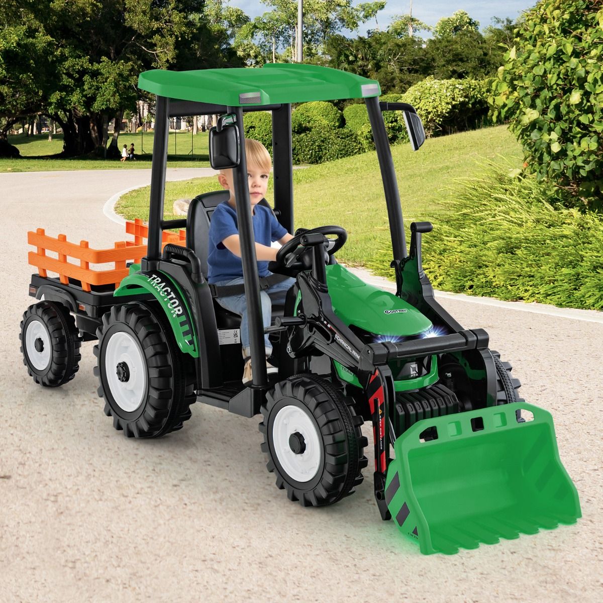 12V Tracteur lectrique Enfants avec Pelle&Remorque Amovible Vhicule lectrique 6 Roues avec Tlcommande & Musique 3-6 km/h pour 3-8 Ans Jaune/Vert -