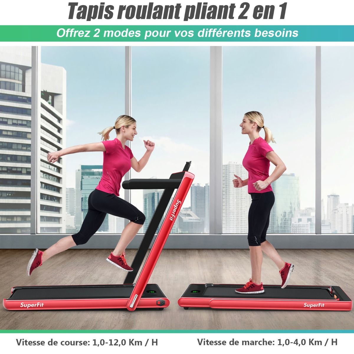 2 en 1 Tapis de Course Electrique Pliable 1 12 Km/H avec Haut-parleur Bluetooth Tlcommande Moteur 0,75HP Vert/Blanc/Noir/Rouge/Or/Noir et Argent/Bleu -