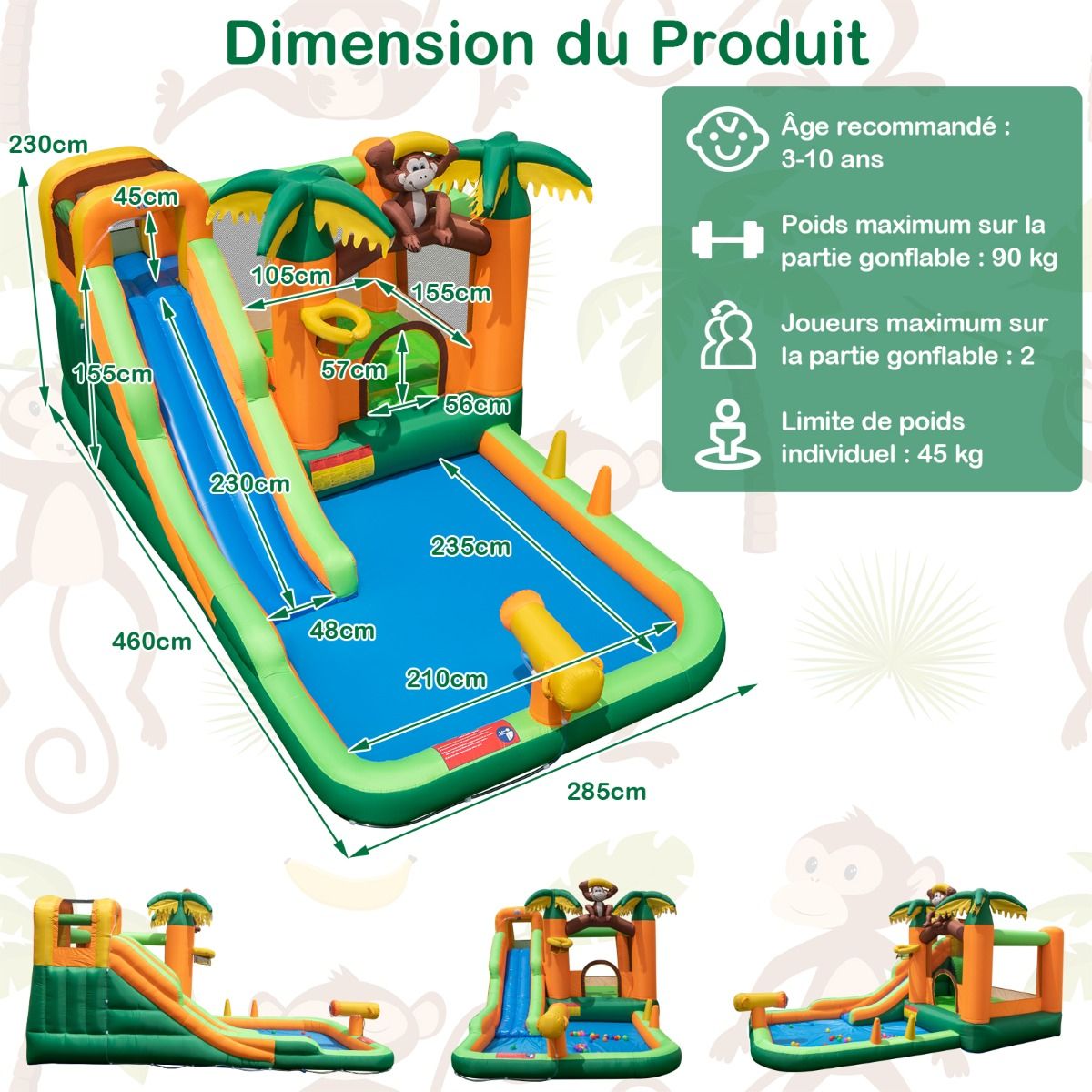 7 en 1 Ch芒teau Gonflable Tropical Thme Singe & Palmier avec Toboggan Aquatique avec Piscine & 50 Boules Charge 90kg pour 2 Enfants de 3-10 Ans -