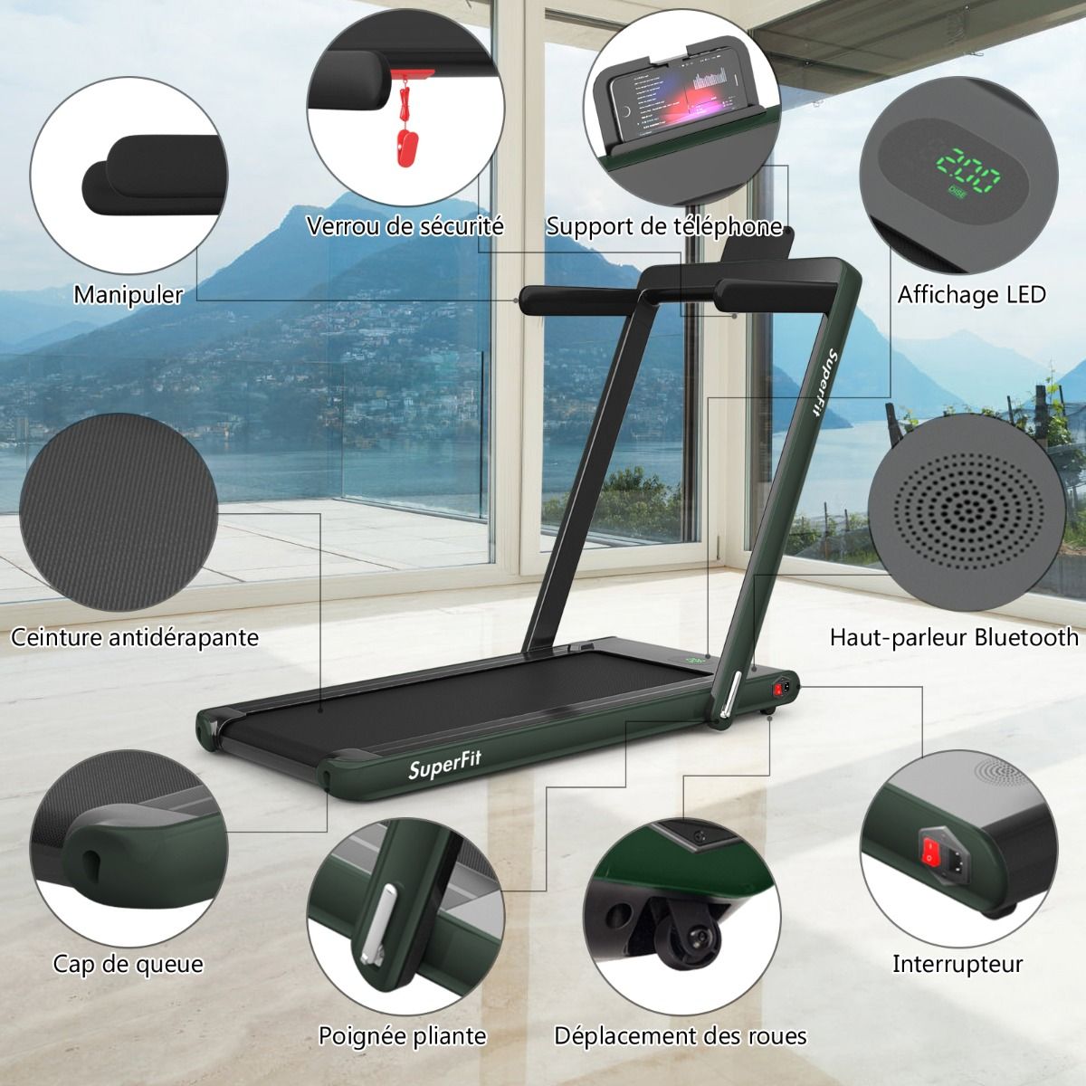2 en 1 Tapis de Course Electrique Pliable 1 12 Km/H avec Haut-parleur Bluetooth Tlcommande Moteur 0,75HP Vert/Blanc/Noir/Rouge/Or/Noir et Argent/Bleu -