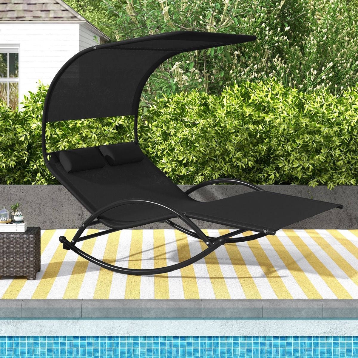 Chaise Longue Double Chaise Bascule pour 2 Personnes 2 Appui-T锚tes Amovibles Cadre en Mtal Robuste Lit de Repos Ergonomique 2 Places Gris/Noir/Beige -