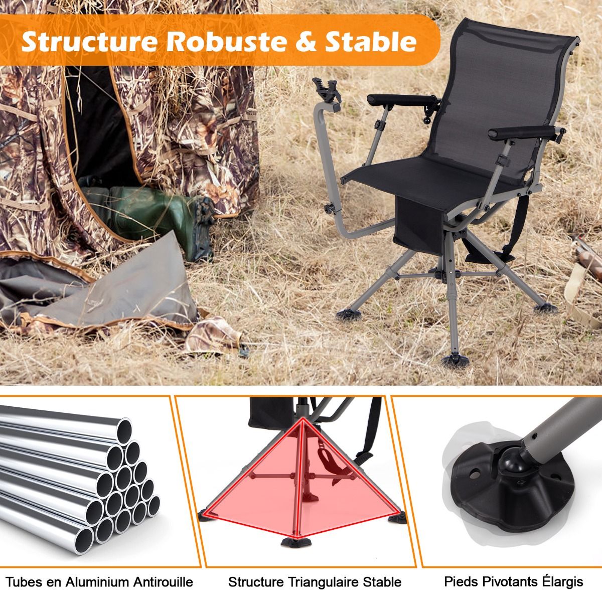 Chaise de Chasse Portable Chaise de Tir avec Sige de Pliable Rglables Rotation 360掳 Support de Fusil Rglable Charge 150 kg Noir -