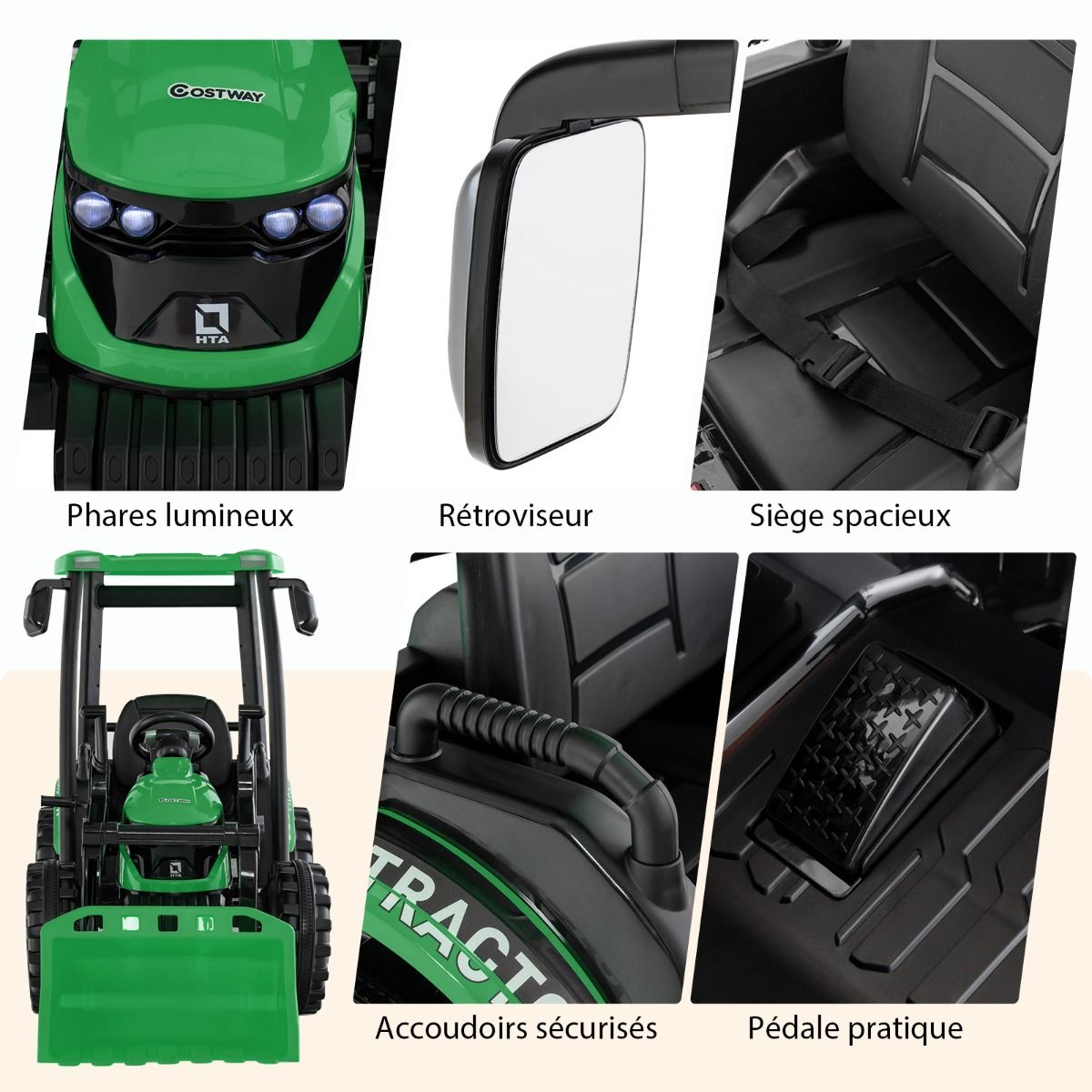 12V Tracteur lectrique Enfants avec Pelle&Remorque Amovible Vhicule lectrique 6 Roues avec Tlcommande & Musique 3-6 km/h pour 3-8 Ans Jaune/Vert -