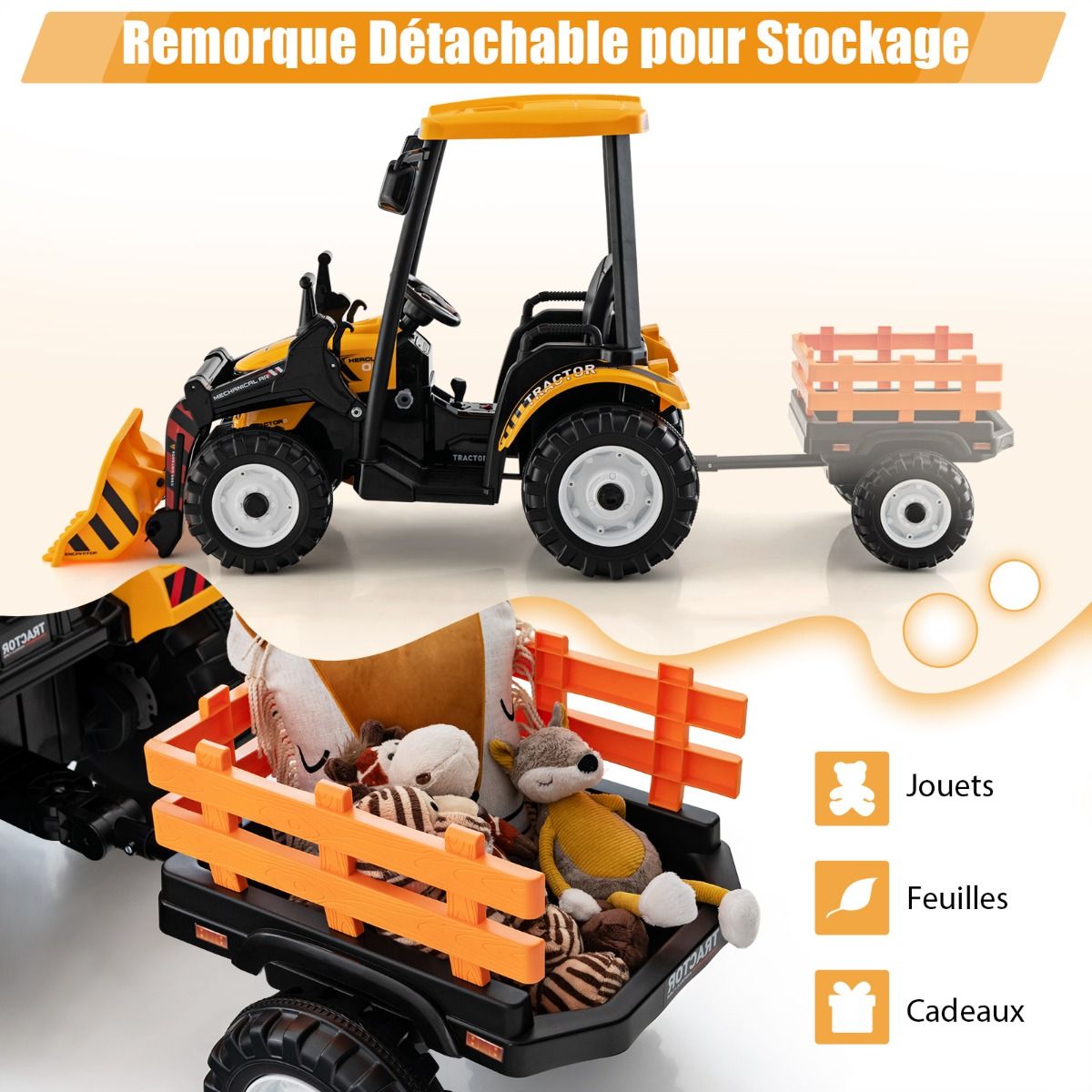 12V Tracteur lectrique Enfants avec Pelle&Remorque Amovible Vhicule lectrique 6 Roues avec Tlcommande & Musique 3-6 km/h pour 3-8 Ans Jaune/Vert -