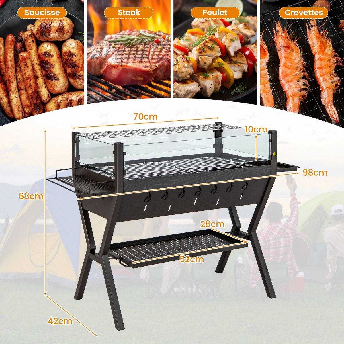 Barbecue Charbon de Bois Gril au Charbon de Bois en Acier Inoxydable avec Pare-vent Supports d'Assaisonnement tagre de Rangement Marron -