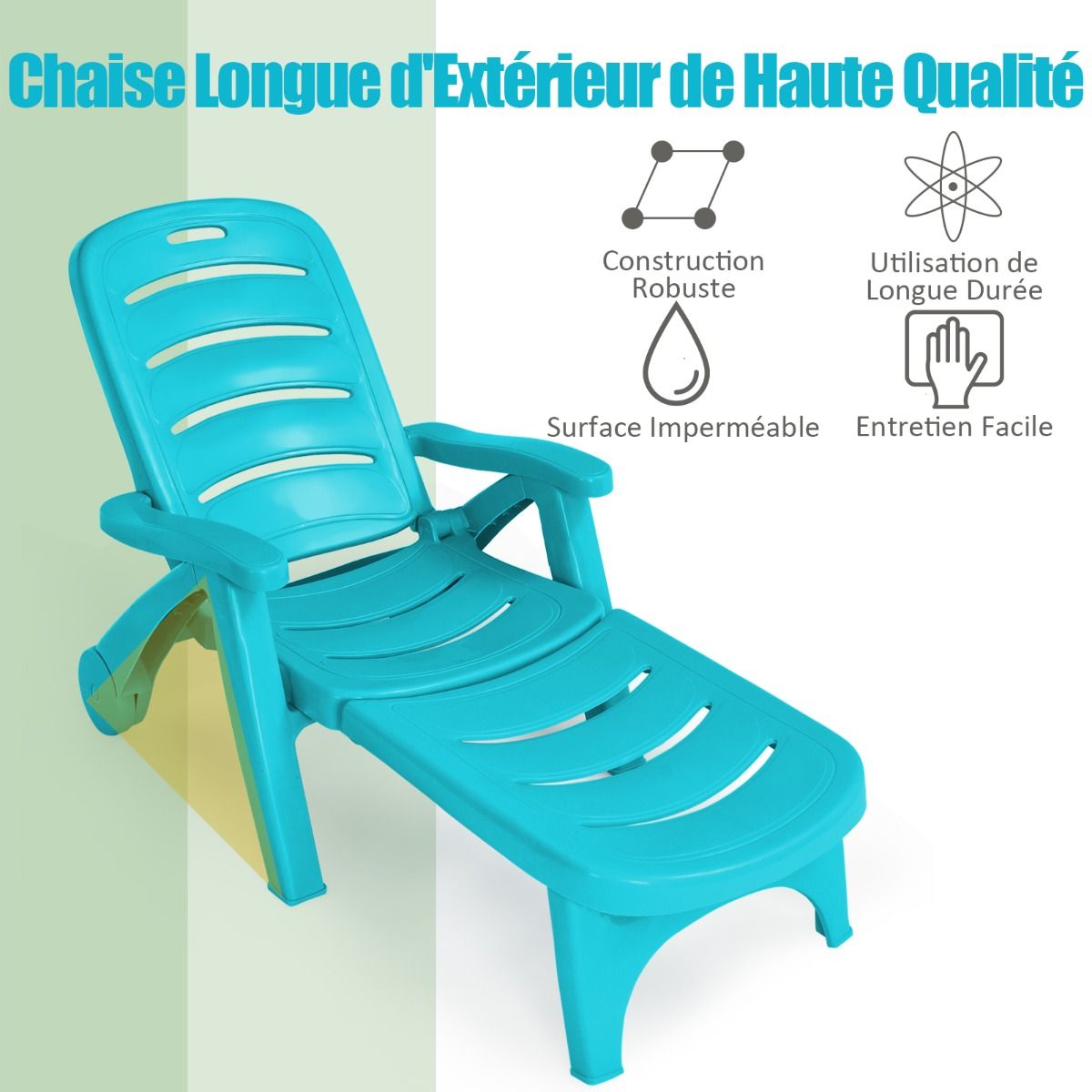 Chaise Longue Pliable Dossier Inclinable 5 Positions avec Roues Intgres pour Terrasse Jardin Piscine 150 kg Gris/Blanc/Bleu -