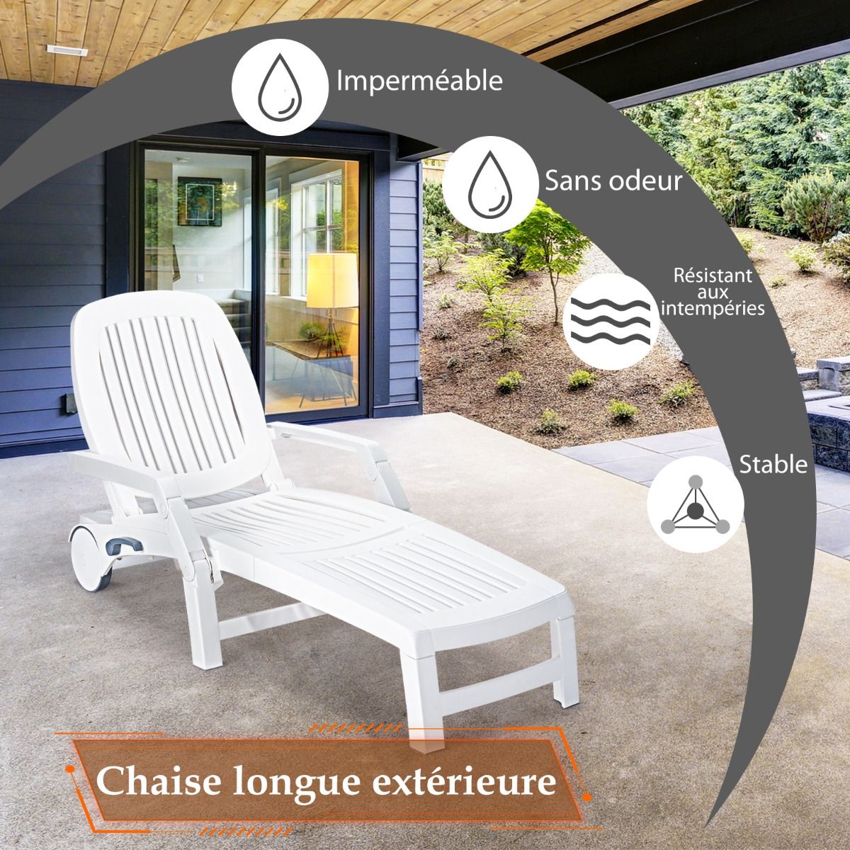 Chaise Longue Inclinable Rglable 5 Positions avec Roues Flexibles Fauteuil Relax de Camping avec Bo卯te de Rangement Charge 150KG Blanc -