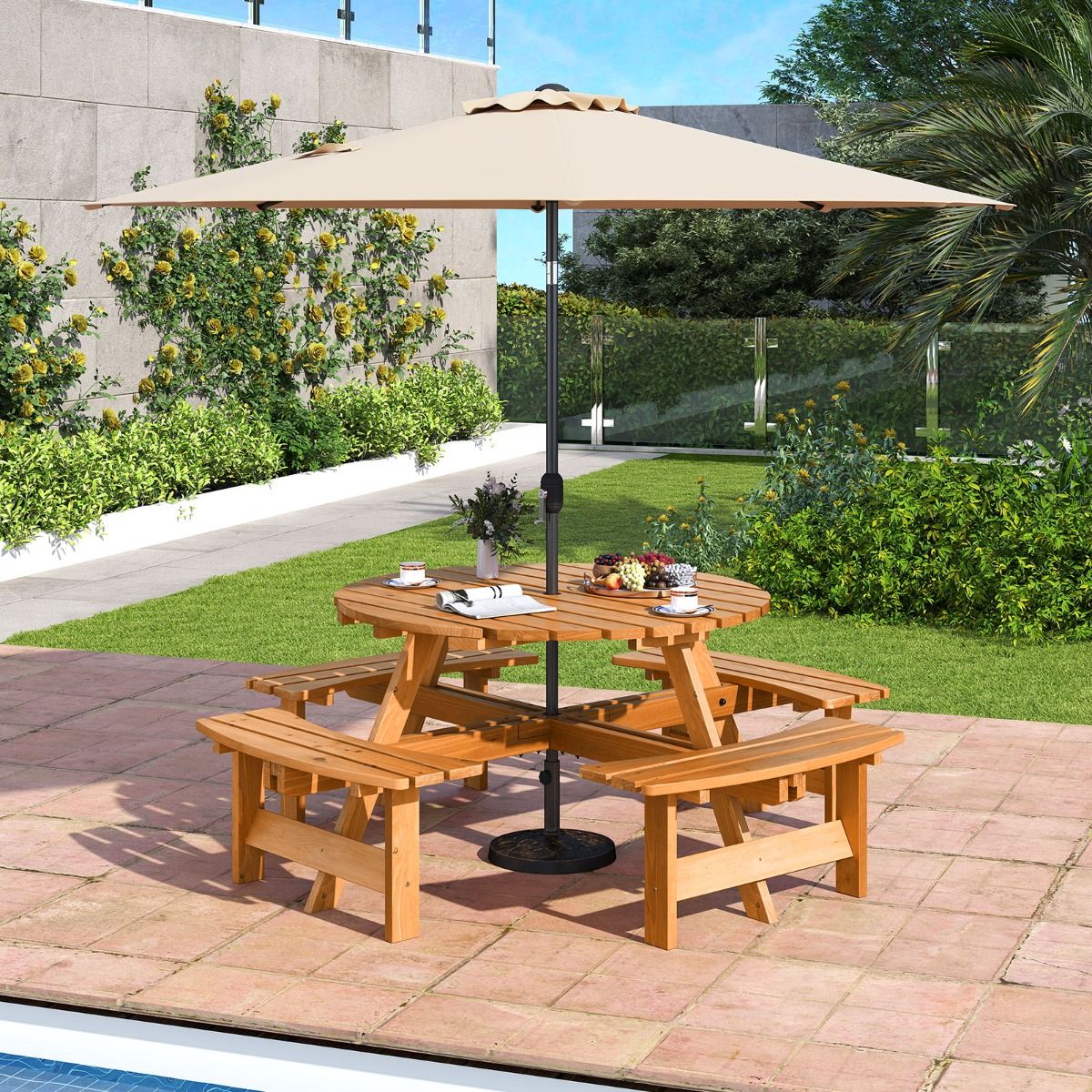 Ensemble Table de Pique-Nique en Bois pour 2 8 Personnes Set Table et Banc Circulaire avec 4 Bancs Intgrs Trou de Parasol de 5cm Marron/Jaune -