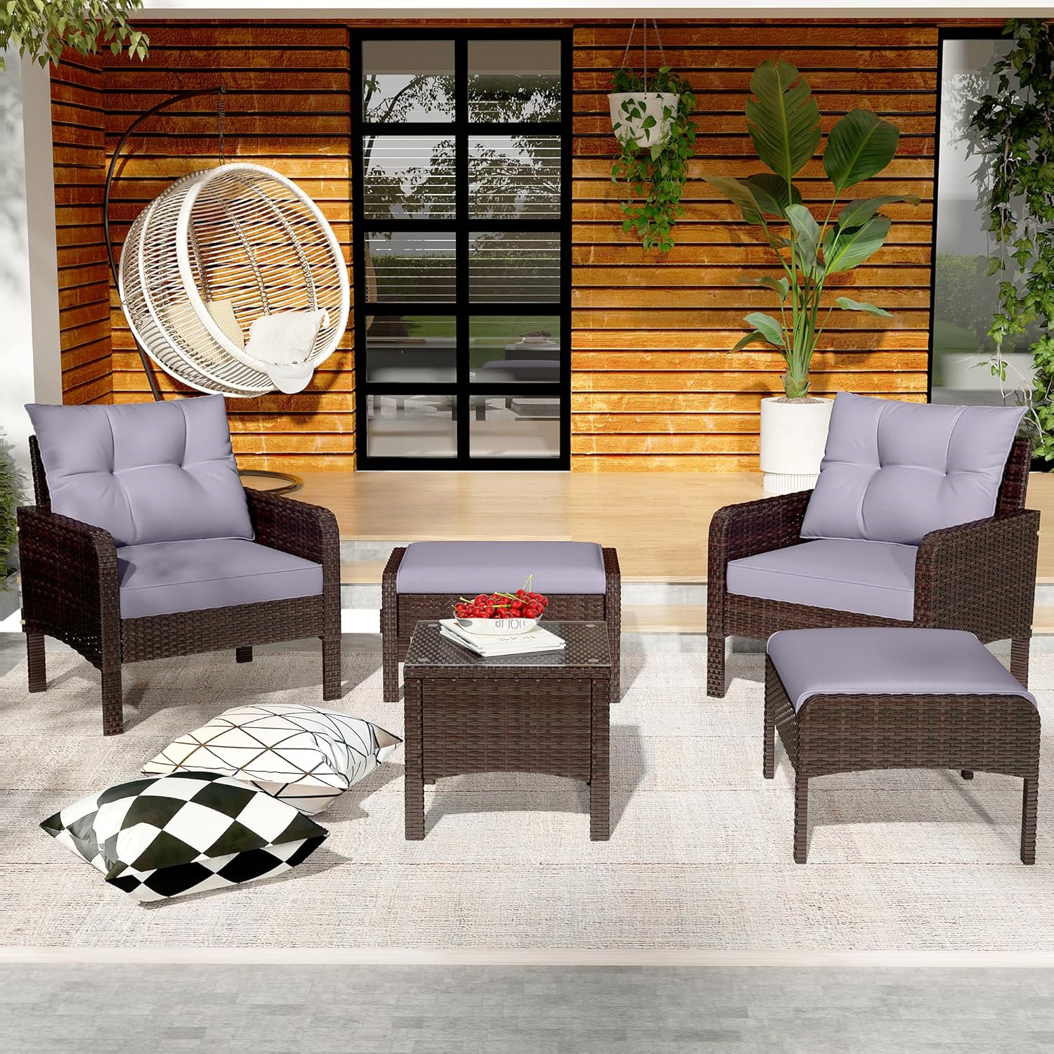 AECOJOY Outdoor 5 Pieces Patio Furniture Set, PE Rattan Wicker Chairs with Ottoman and Table, Brown/Grey