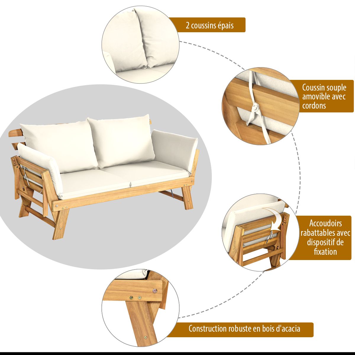 Chaise Longue Convertible avec Coussin Canapé de Jardin 2 en 1 en Bois d’Acacia avec Accoudoir Réglable pour Patio Piscine Jardin Blanc/Gris/Bleu/Rouge -