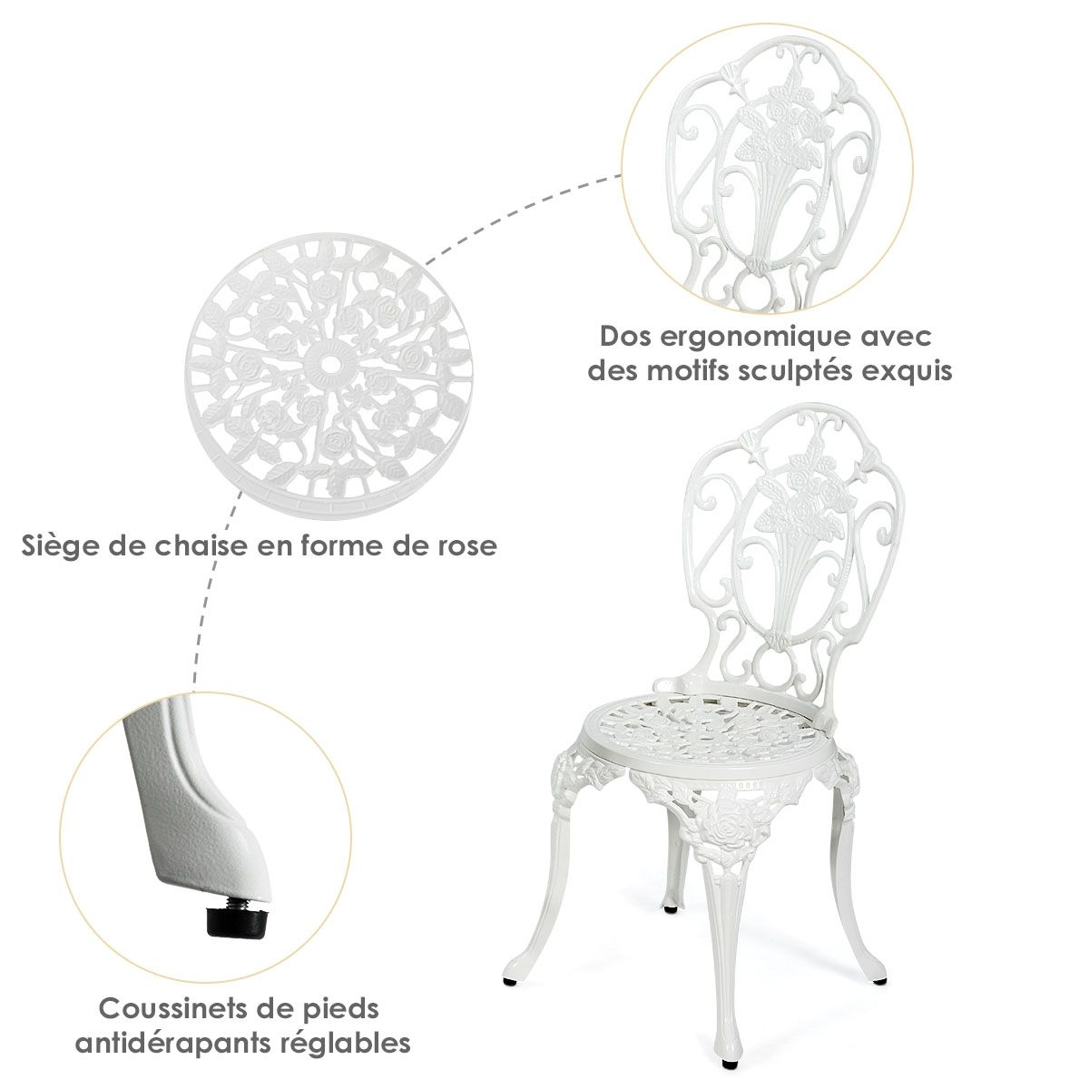 Ensemble Table et 2 Chaises pour Jardin en Aluminium en Forme de Rose Blanc Rsistant aux Intempries -