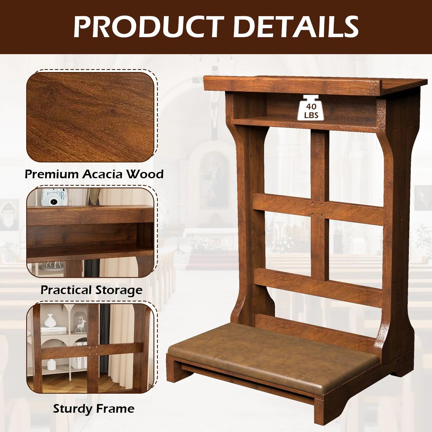AECOJOY Acacia Wood Prayer Kneeler Bench with Storage Shelf & Soft Cushion, Comfortable Wooden Kneeling Meditation Seiza Stool for Praying
