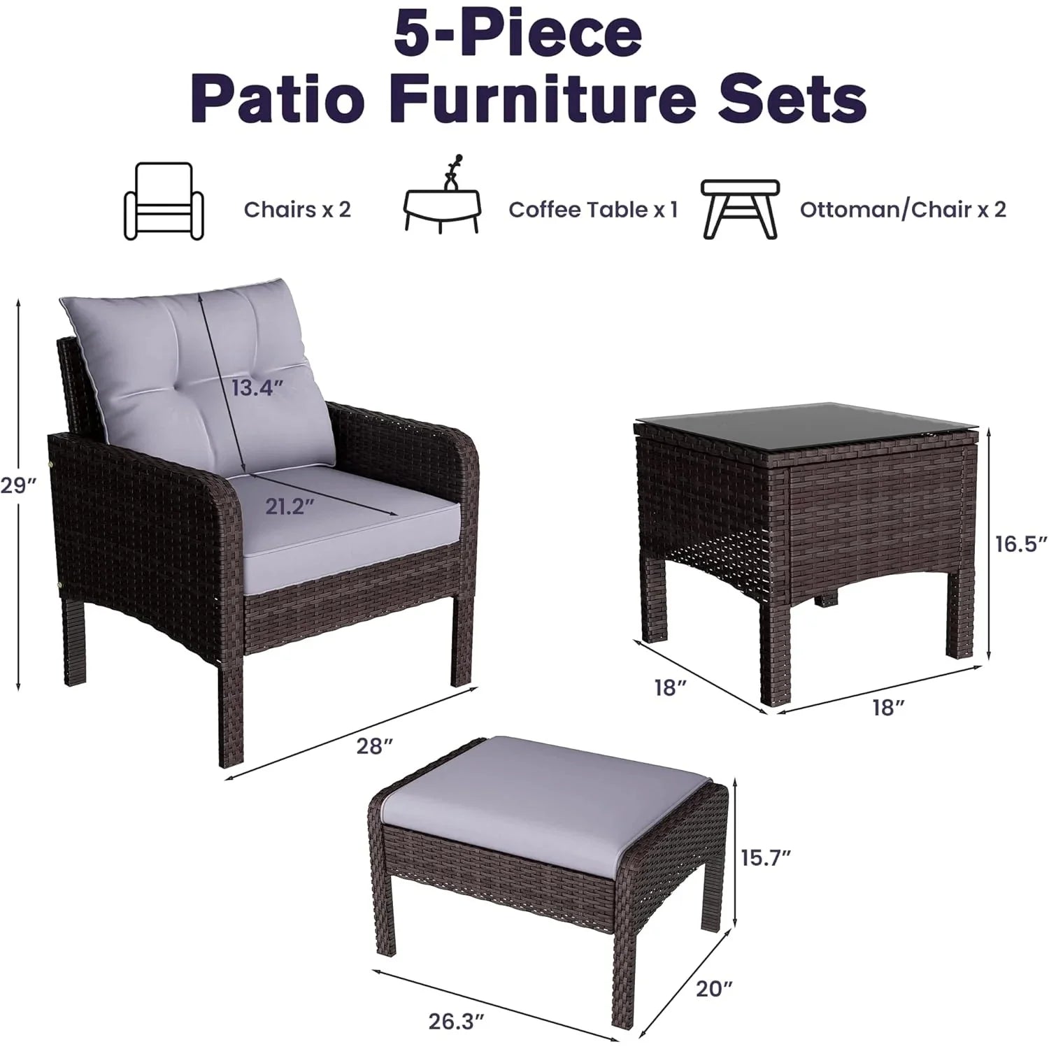 AECOJOY Outdoor 5 Pieces Patio Furniture Set, PE Rattan Wicker Chairs with Ottoman and Table, Brown/Grey