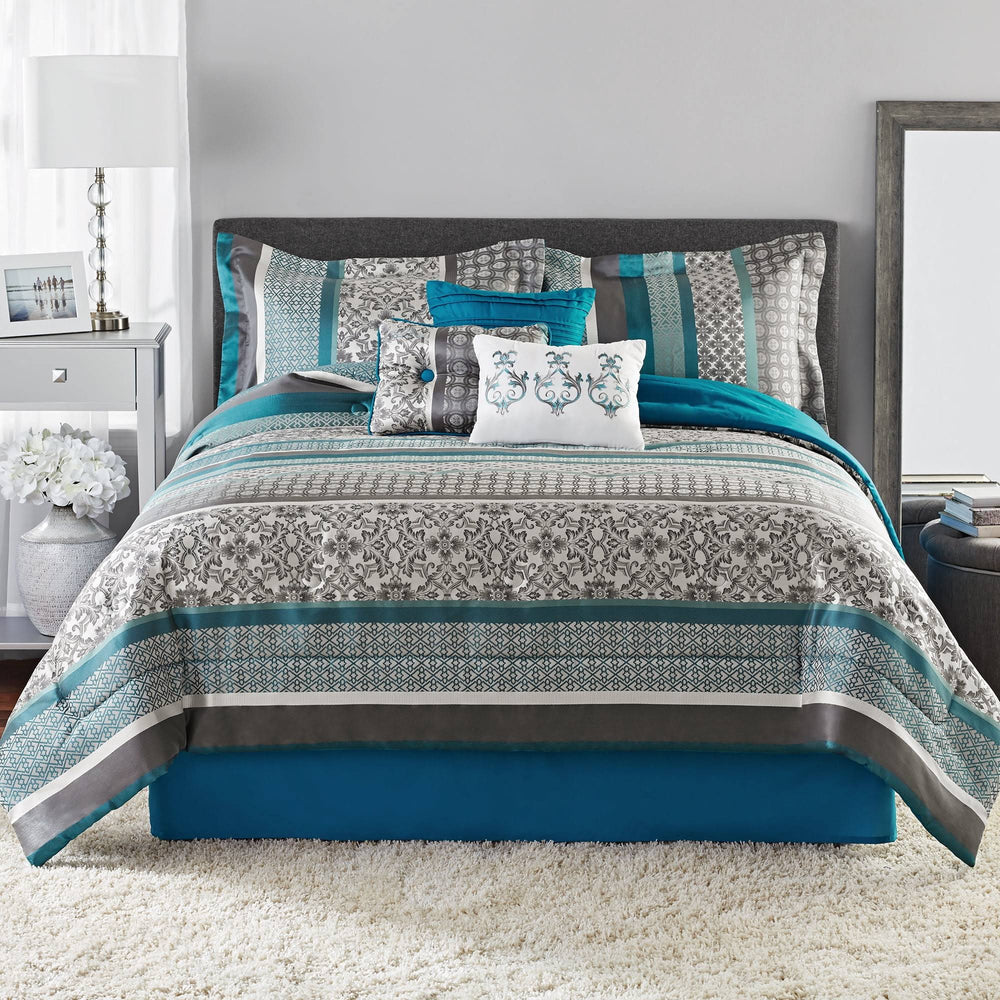 Mainstays Princeton Teal Stripe 7 Piece Comforter Bedding Set Size: Full/Queen