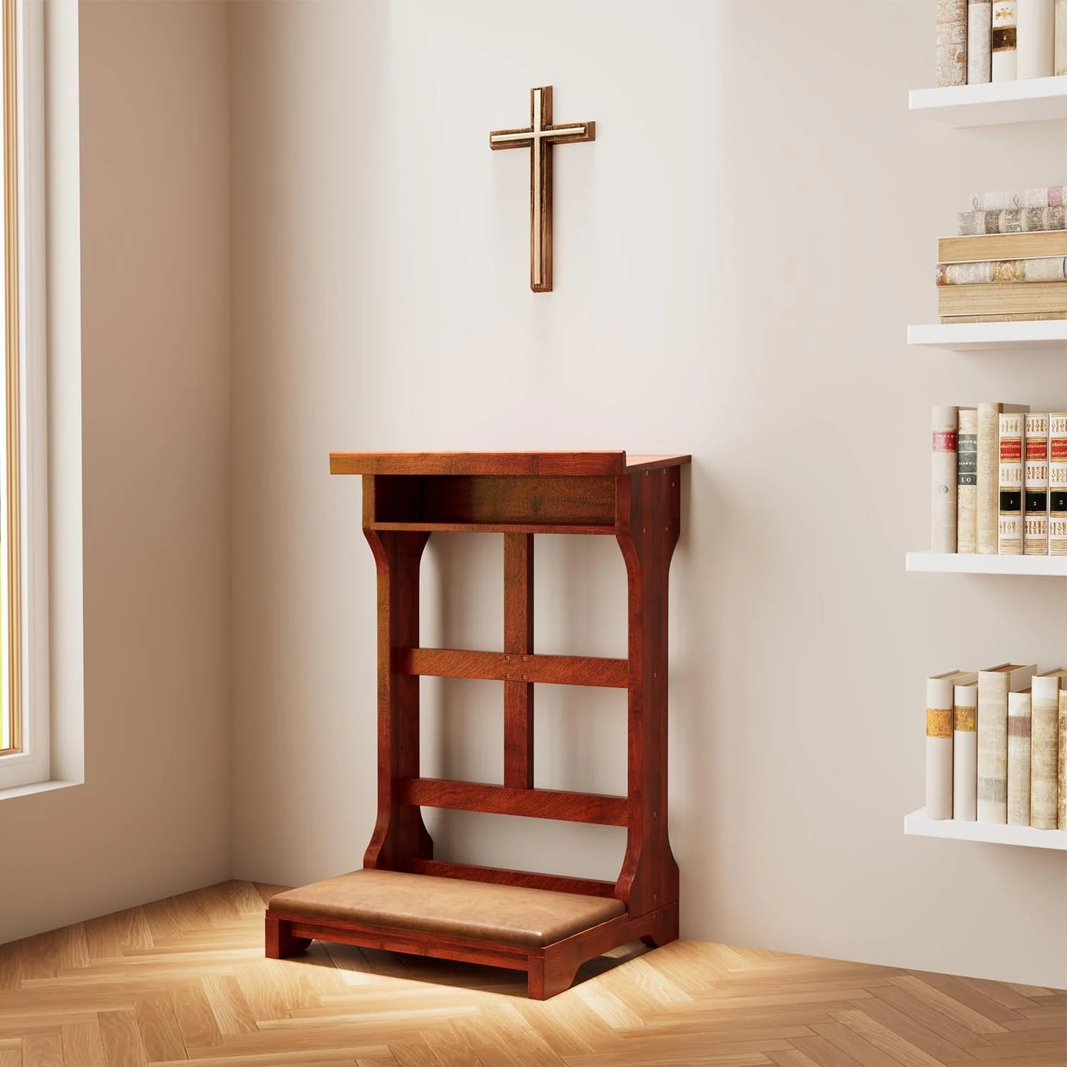 AECOJOY Acacia Wood Prayer Kneeler Bench with Storage Shelf & Soft Cushion, Comfortable Wooden Kneeling Meditation Seiza Stool for Praying