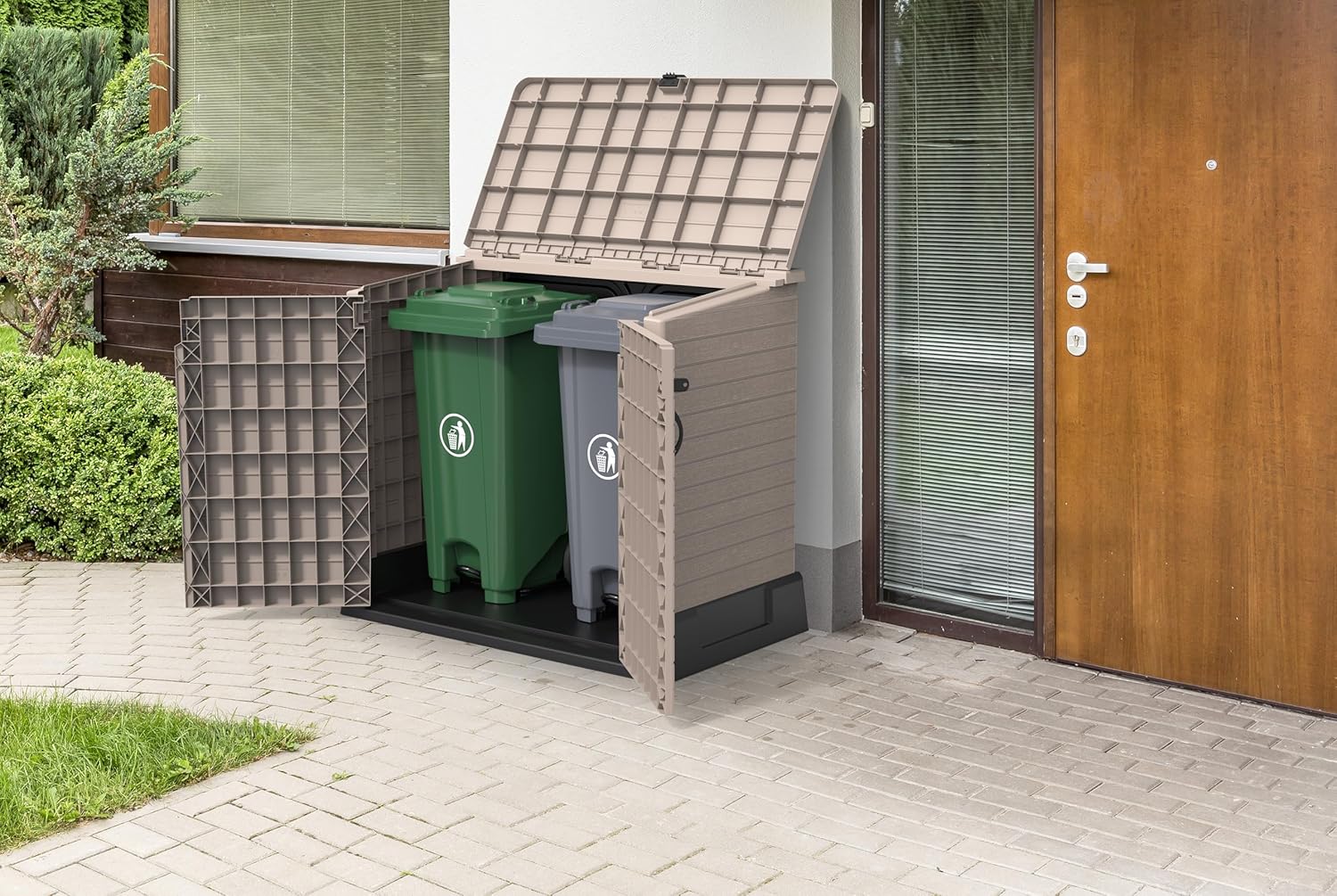 Duramax StoreAway 1200L Plastic Garden Shed/ Flat Lid,Outdoor Storage Shed,Wheelie Bin Hideaways,Wheelie bin box,Durable Construction,Ideal for Bikes,BBQs & 2x 240L Bins,145x85x125 cm,Brown