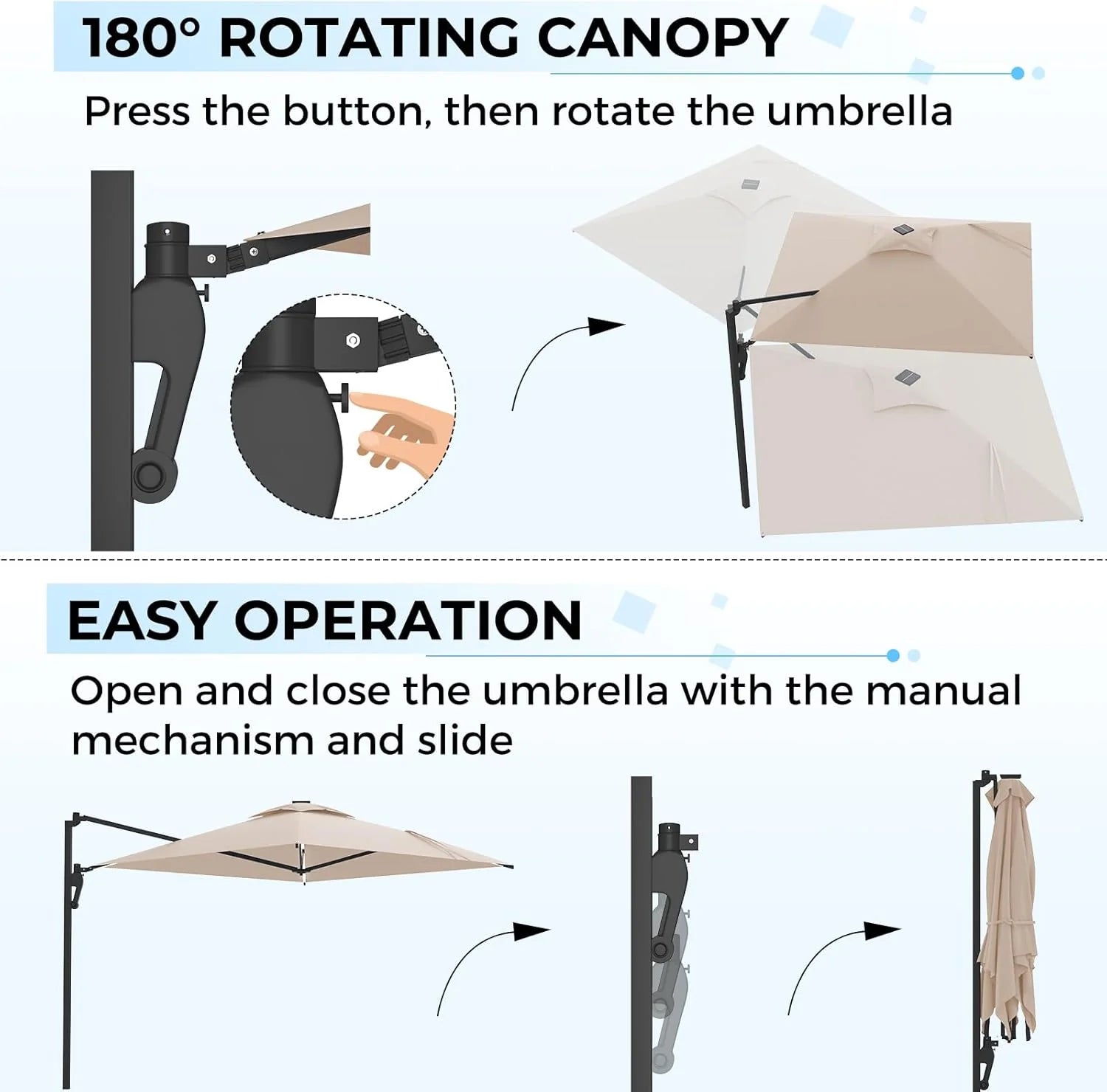 AECOJOY 10FT Large Patio Umbrella with Solar Lights, Rectangle Wall Mounted Outdoor Patio Umbrella, Beige