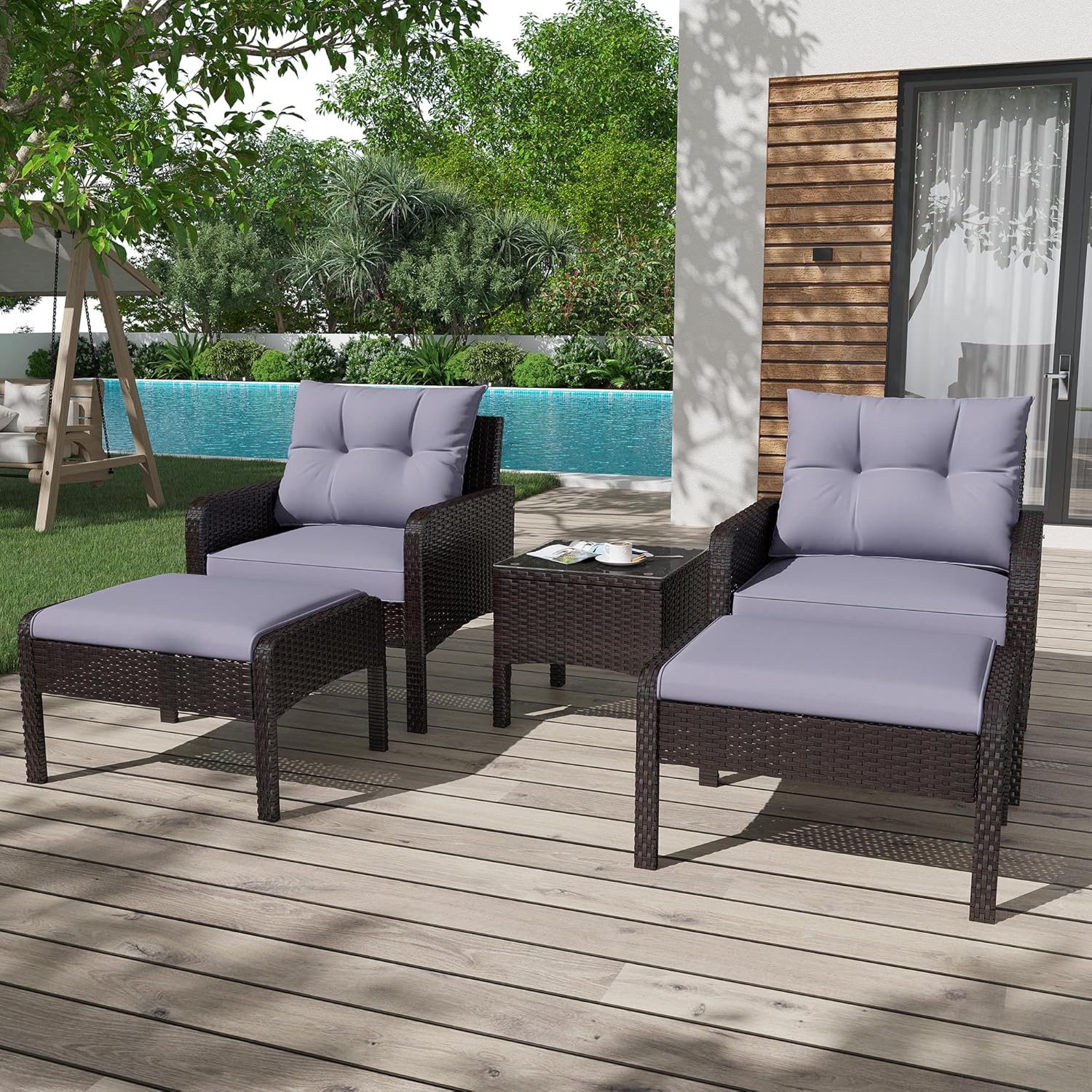 AECOJOY Outdoor 5 Pieces Patio Furniture Set, PE Rattan Wicker Chairs with Ottoman and Table, Brown/Grey