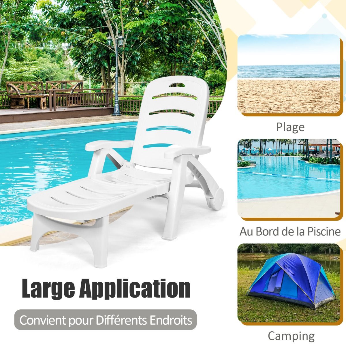 Chaise Longue Pliable Dossier Inclinable  5 Positions avec Roues Intgres pour Terrasse Jardin Piscine 150 kg Gris/Blanc/Bleu -