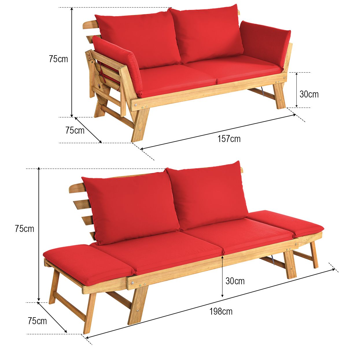 Chaise Longue Convertible avec Coussin Canapé de Jardin 2 en 1 en Bois d’Acacia avec Accoudoir Réglable pour Patio Piscine Jardin Blanc/Gris/Bleu/Rouge -