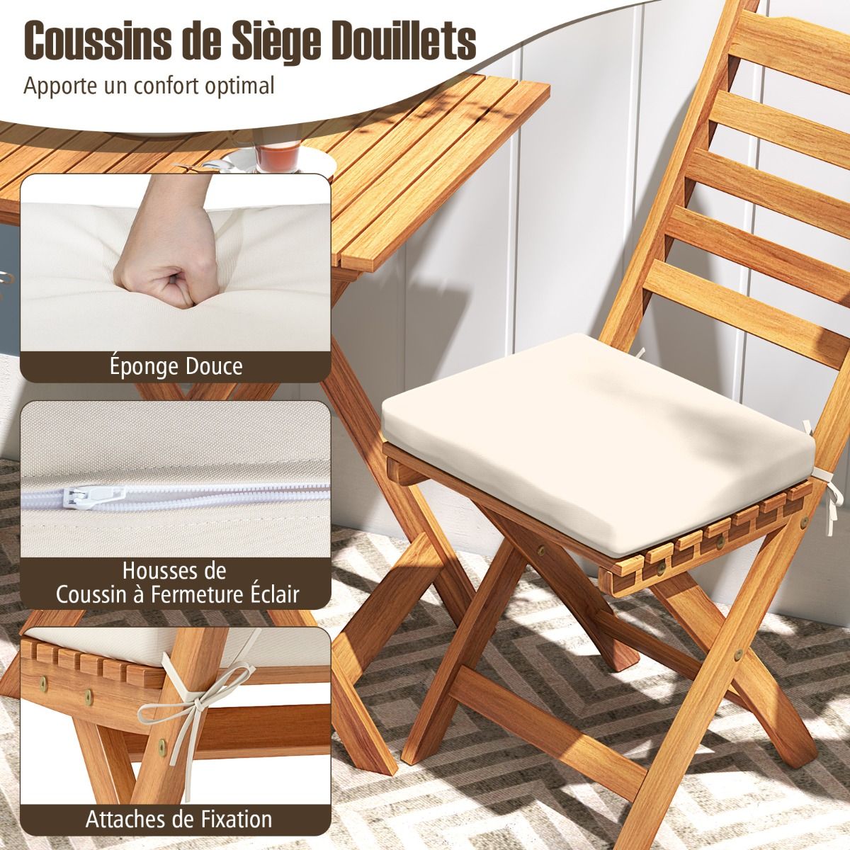 Ensemble Bistrot d'Extrieur en Bois d'Acacia Ensemble de Chaises Pliantes et Table Coussins de Sige Sans Accoudoirs  Dossier Haut Blanc -