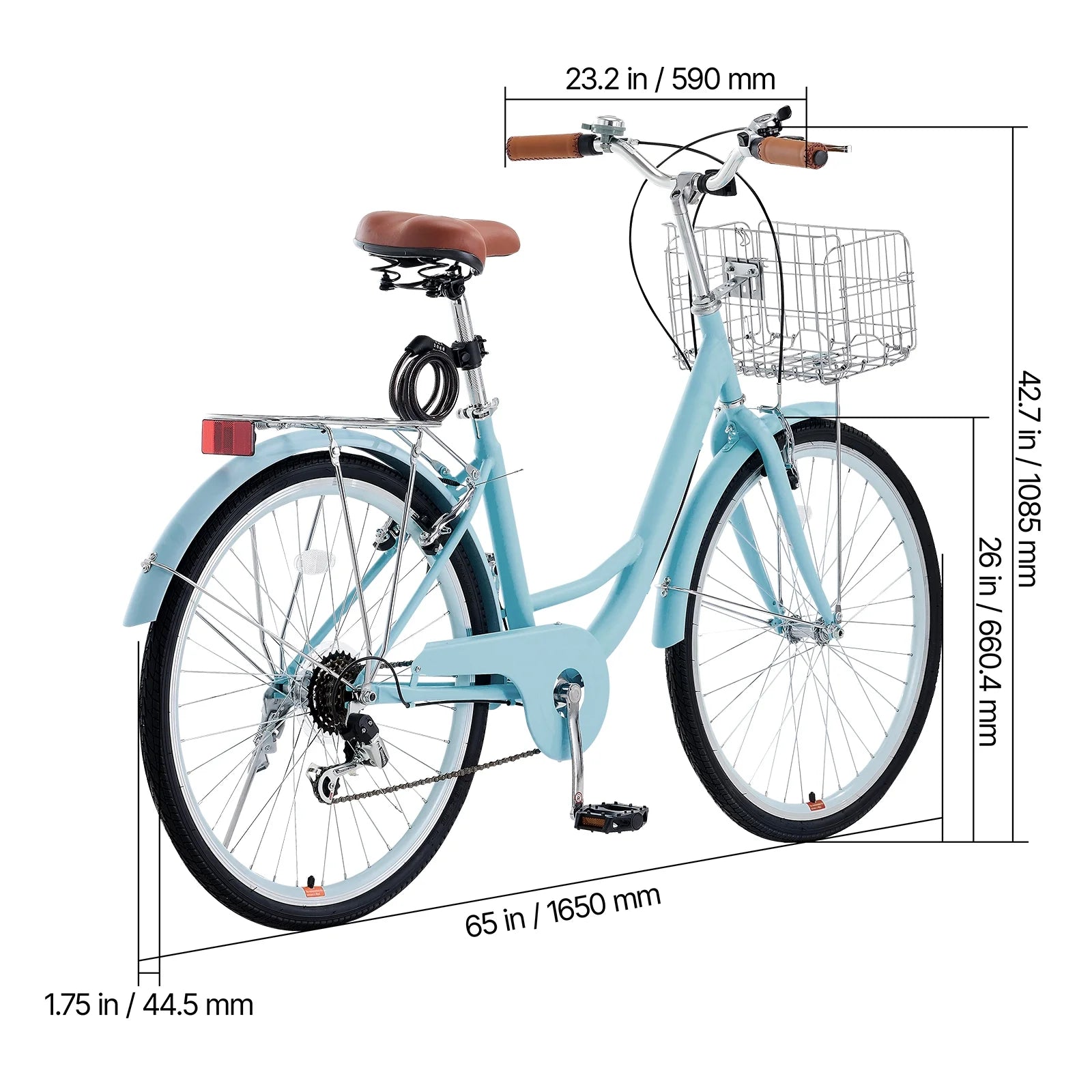 KFFKFF 26" Cruiser Bike, 7 - Speed, Pale Blue Coastal Riding Bike with Spacious Basket and Back Stand, Safe & Robust Bicycle with Modifiable Saddle