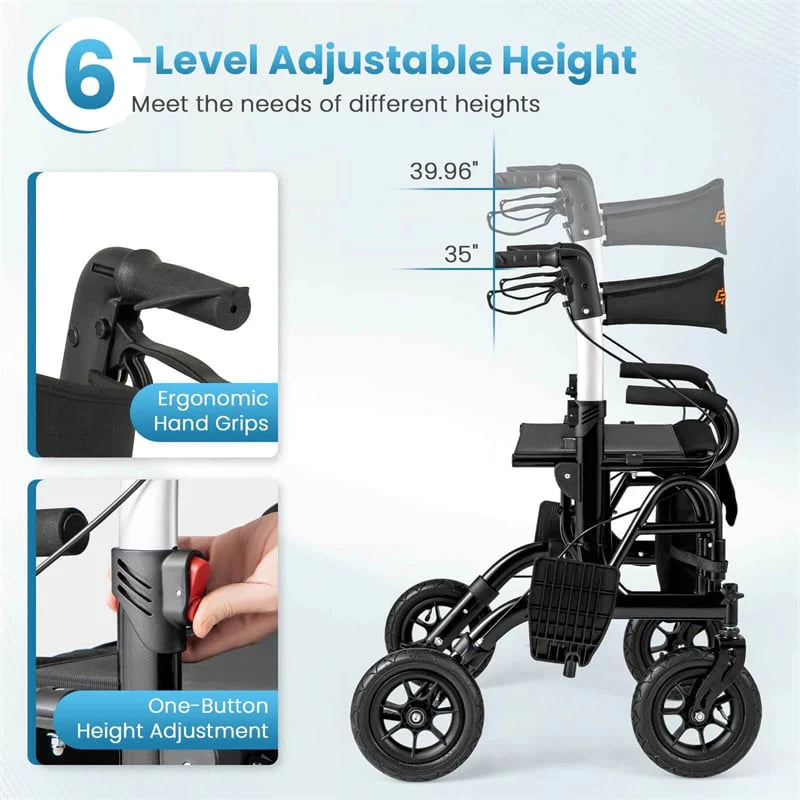 2-in-1 Folding Rollator Walker with Seat, Armrests & 9" All-Terrain Pneumatic Tires, Rolling Walker Wheelchair Combo for Seniors 300LB Capacity