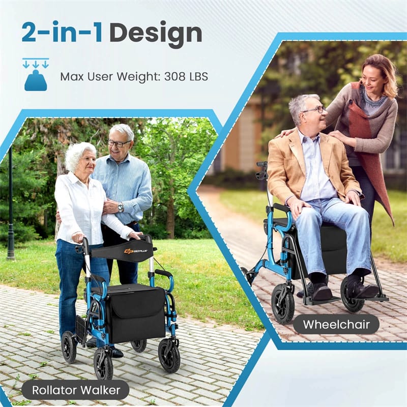 2-in-1 Folding Rollator Walker with Seat, Armrests & 9" All-Terrain Pneumatic Tires, Rolling Walker Wheelchair Combo for Seniors 300LB Capacity