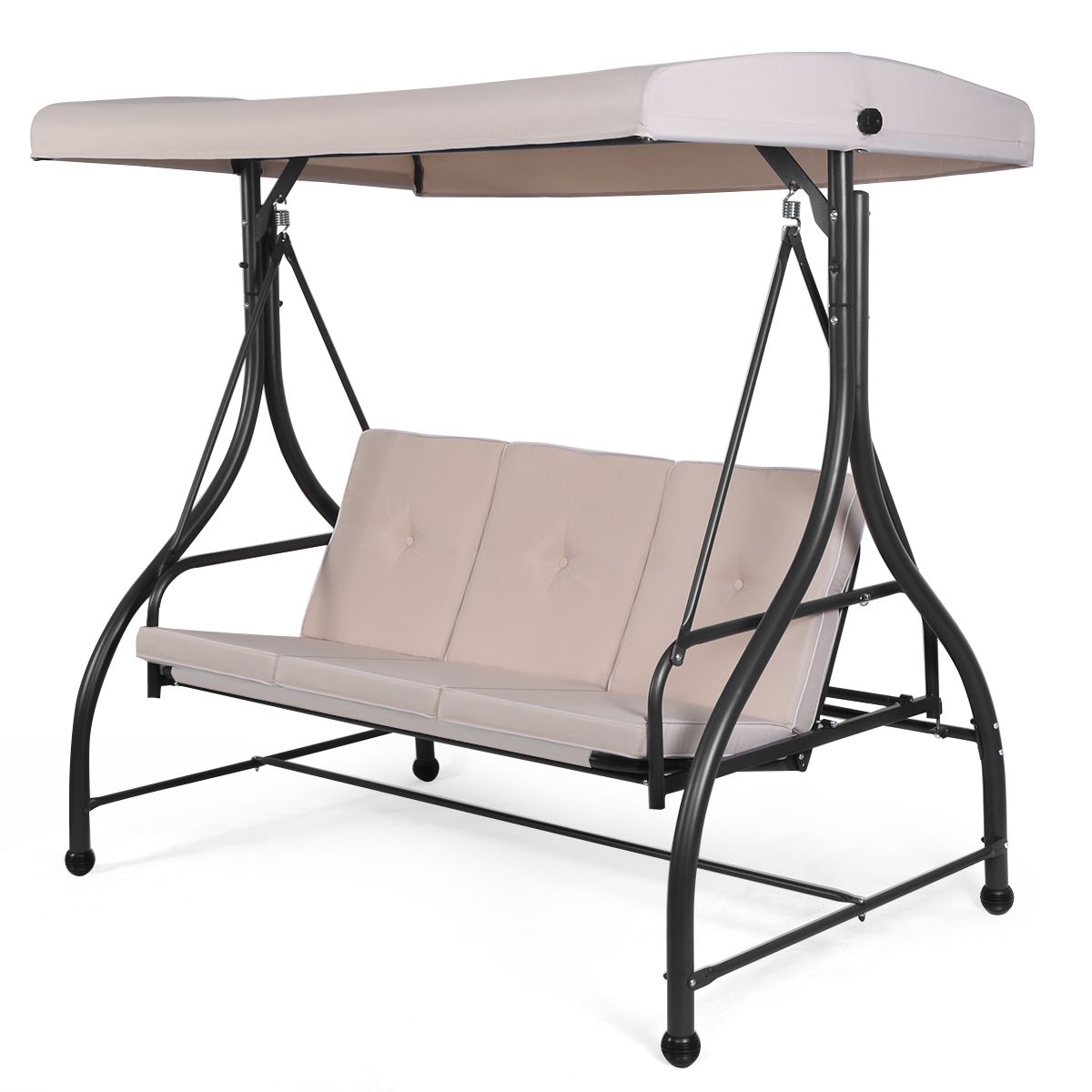 Balancelle d'Extérieur Convertible Jardin Porche Avec Sièges à Coussins Auvent Réglable et Cadre en Métal Enduit Hamac 3 Places Beige -