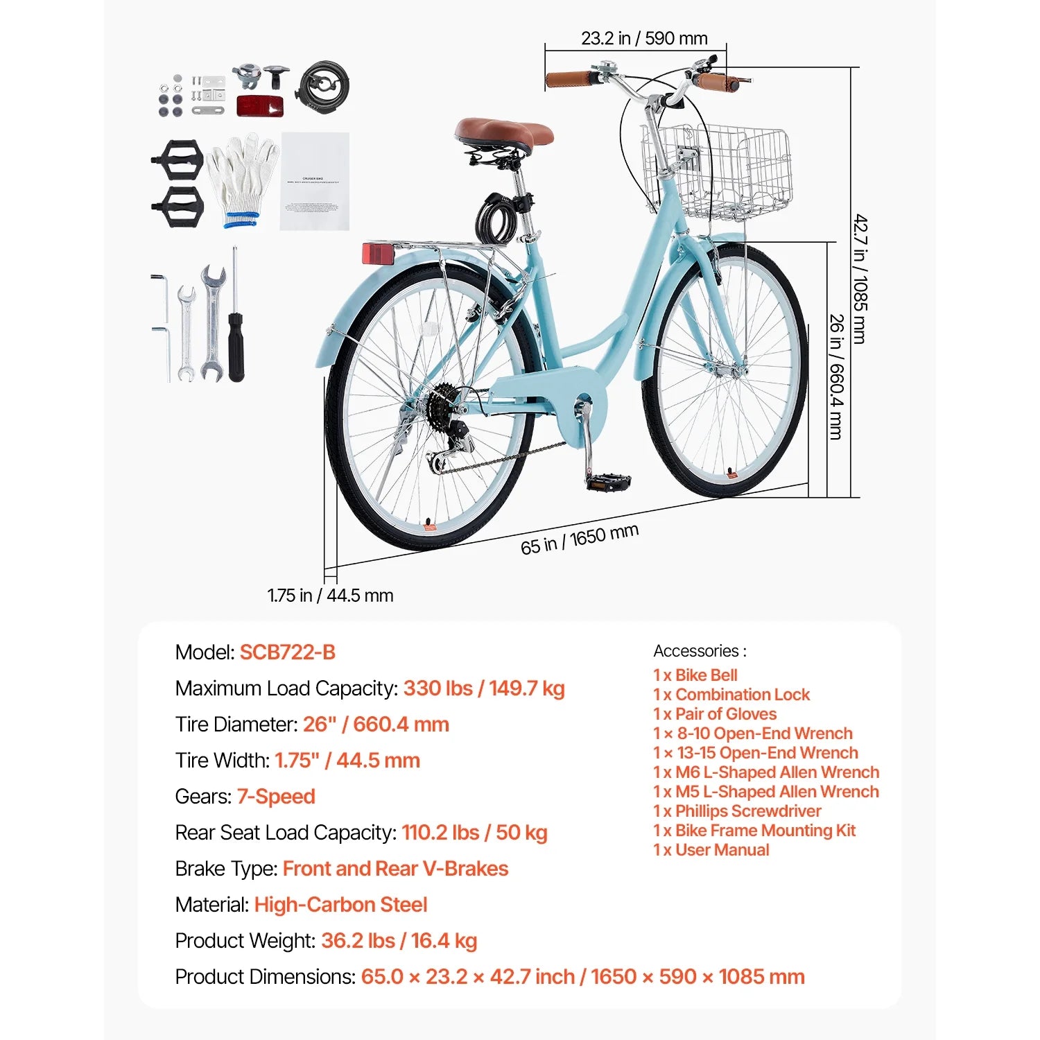 KFFKFF 26" Cruiser Bike, 7 - Speed, Pale Blue Coastal Riding Bike with Spacious Basket and Back Stand, Safe & Robust Bicycle with Modifiable Saddle