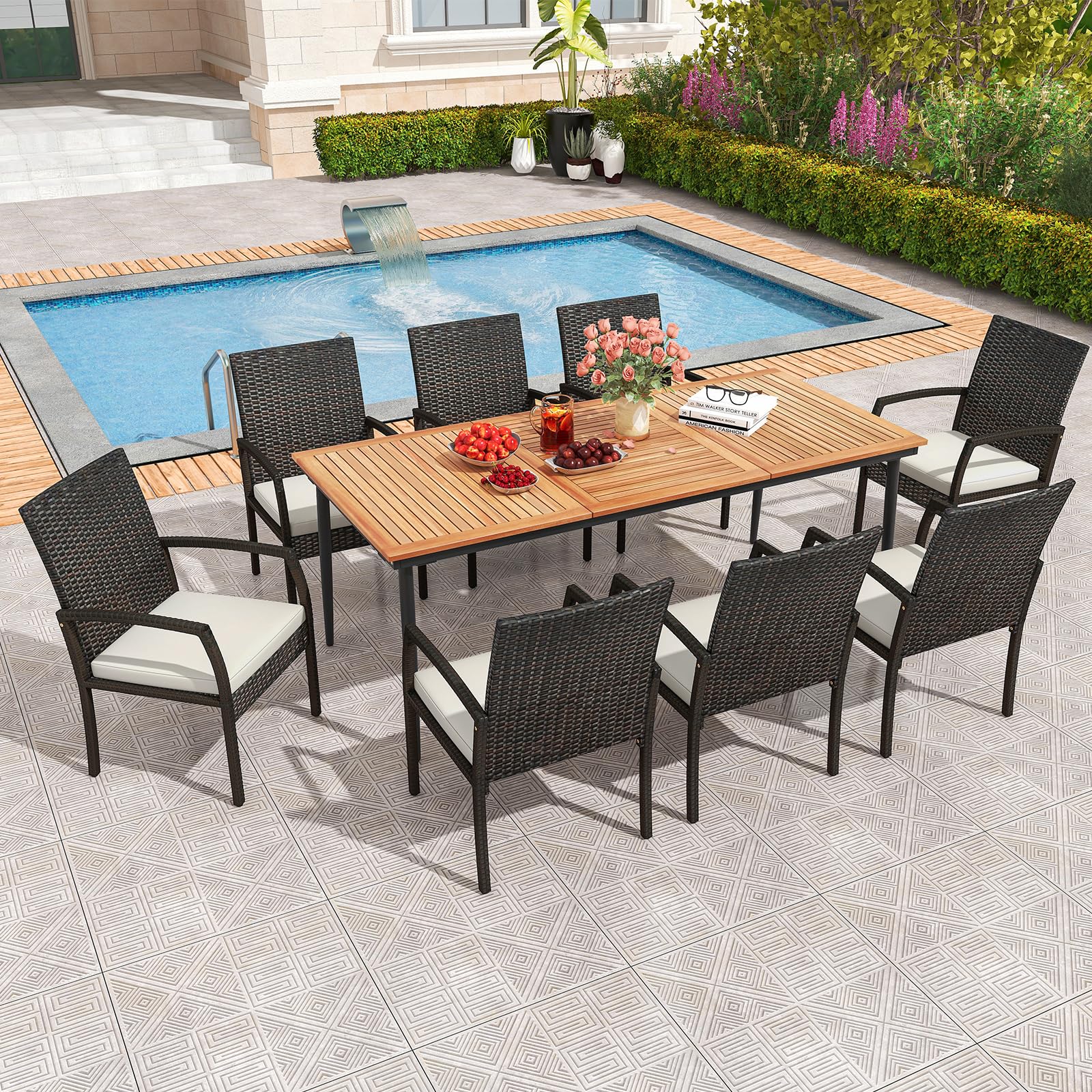 Tangkula 9-Piece Patio Dining Set, 79" Outdoor Acacia Wood Dining Table with 1.9" Umbrella Hole & 8 Rattan-Woven Dining Chairs with Seat Cushions