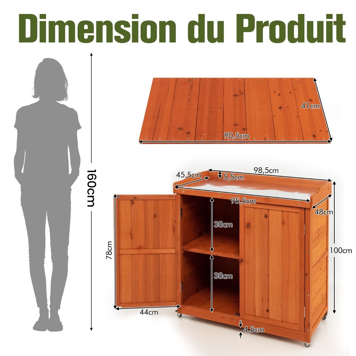 Costwy Rangement de Jardin Armoire en Bois Table de Jardinage avec Etagère Amovible 4 Roues Universelles Plateau en Acier Galvanisé -