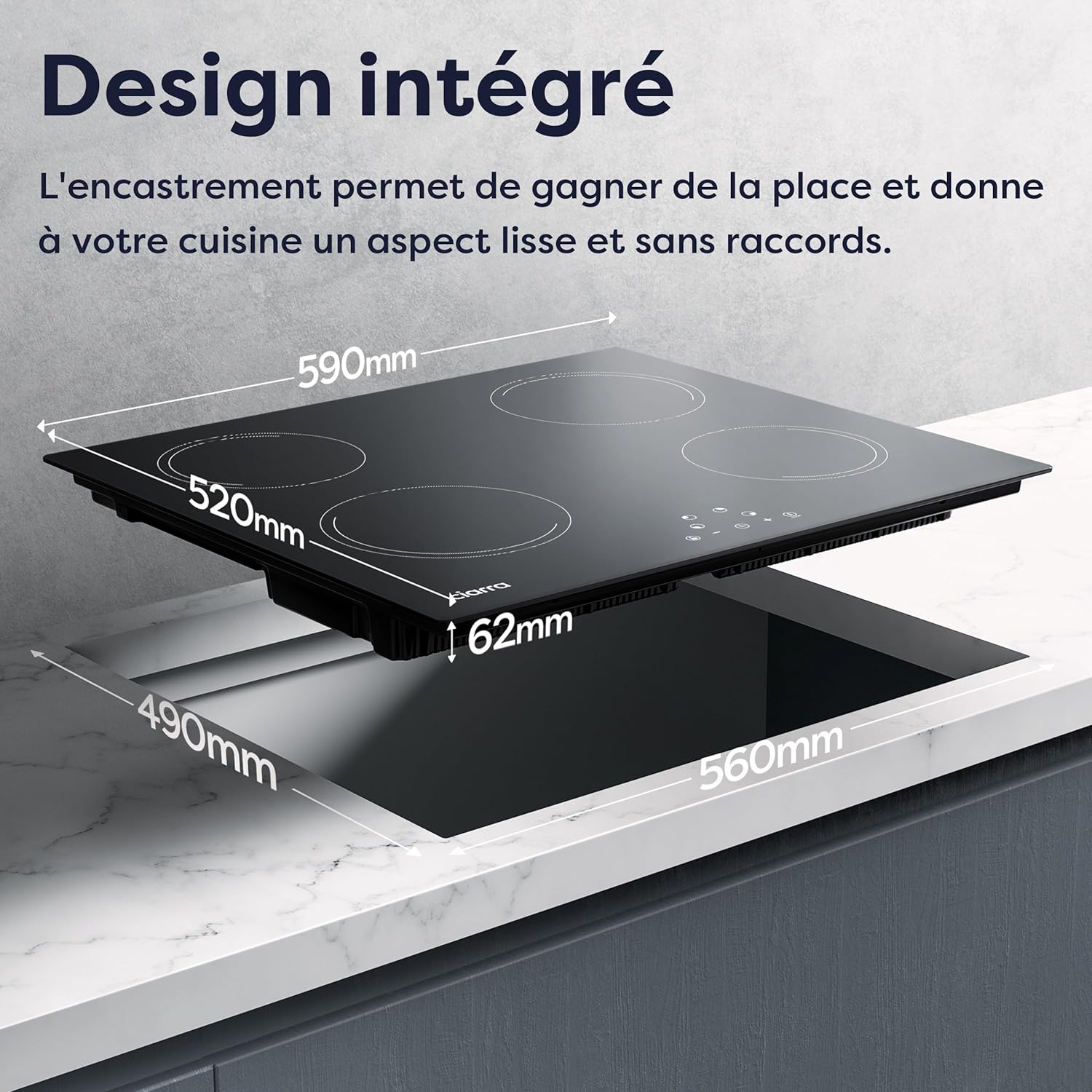 Ciarra Plaque de Cuisson à Induction - 4 Foyers - 6000W - Table de Cuisson Encastrable - Commande Tactile - 9 Niveaux - CABBIH4-E