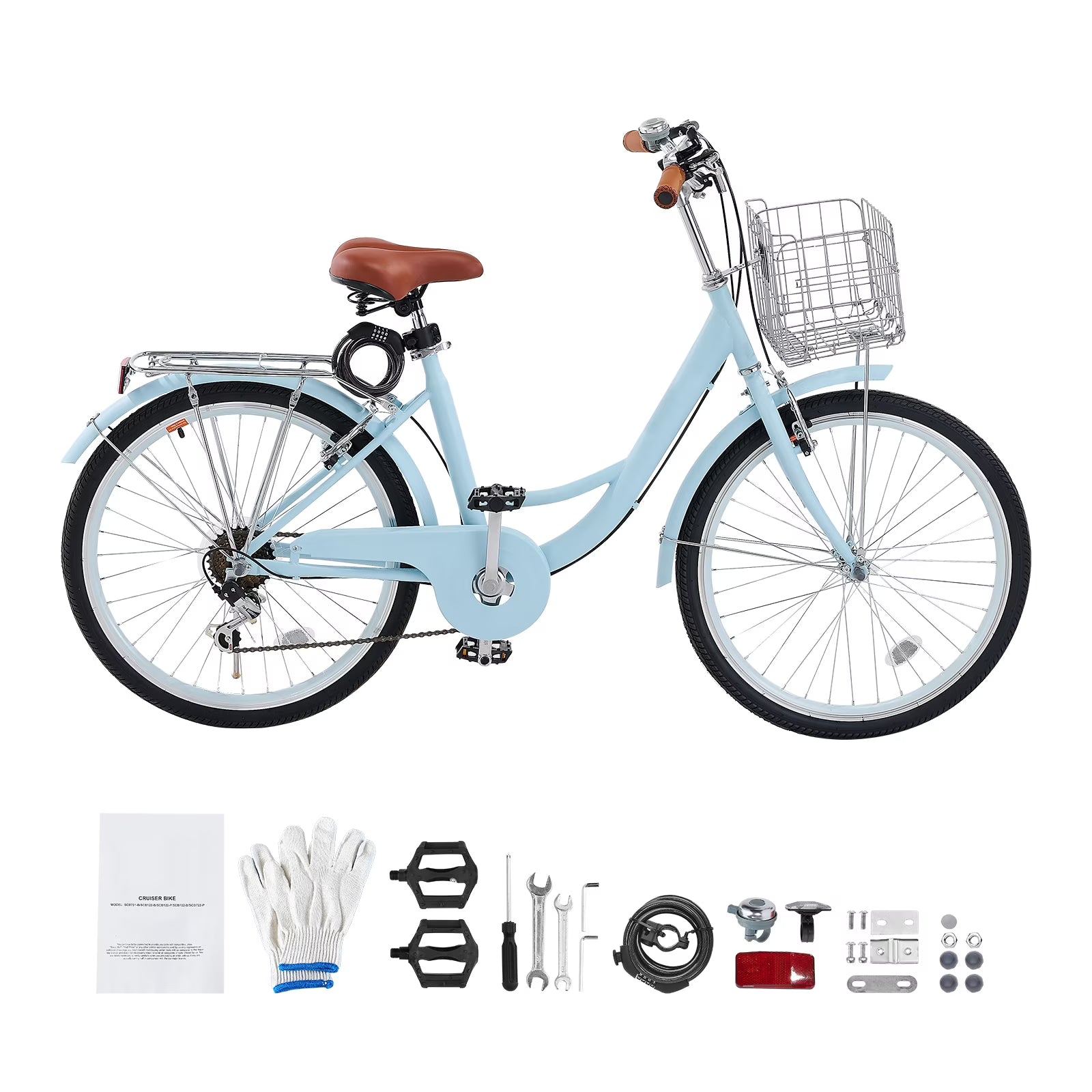 KFFKFF 26" Cruiser Bike, 7 - Speed, Pale Blue Coastal Riding Bike with Spacious Basket and Back Stand, Safe & Robust Bicycle with Modifiable Saddle