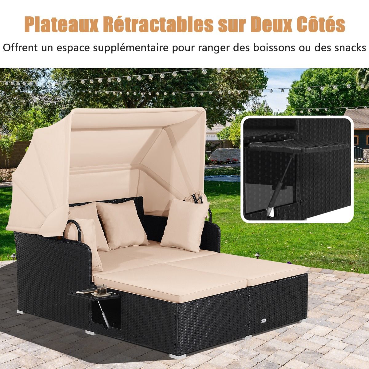 Chaise Longue à 2 Places en Rotin avec Auvent Rétractable Bain de Soleil avec Panneaux Latéraux Pliables Charge 360KG Beige/Gris -