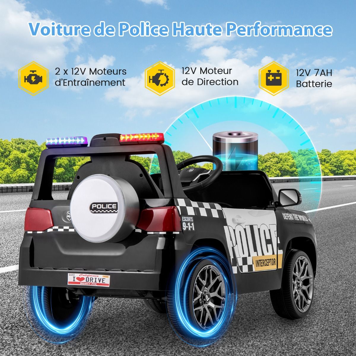 Voiture de Police Electrique Alimente par Batterie 12 V/7 A Tlcommande Connexion Sans Fil Musique Klaxon Sirne Lumires LED Blanc -