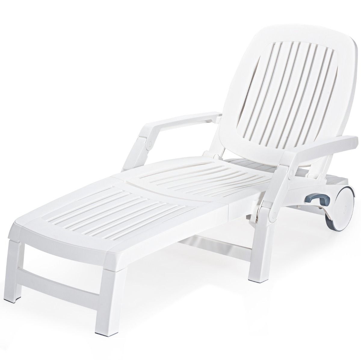 Chaise Longue Inclinable Rglable  5 Positions avec Roues Flexibles Fauteuil Relax de Camping avec Bo卯te de Rangement Charge 150KG Blanc -