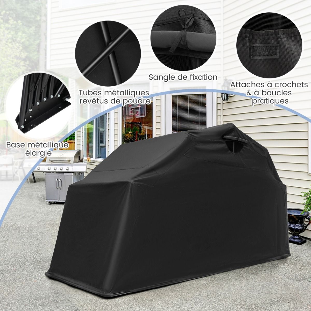 Abri de Moto Extérieur Tente Moto avec Housse en Tissu Oxford Fenêtres en Maille Enroulables Housse Moto Exterieur Étanche pour Moto Vélos Outils Noir -