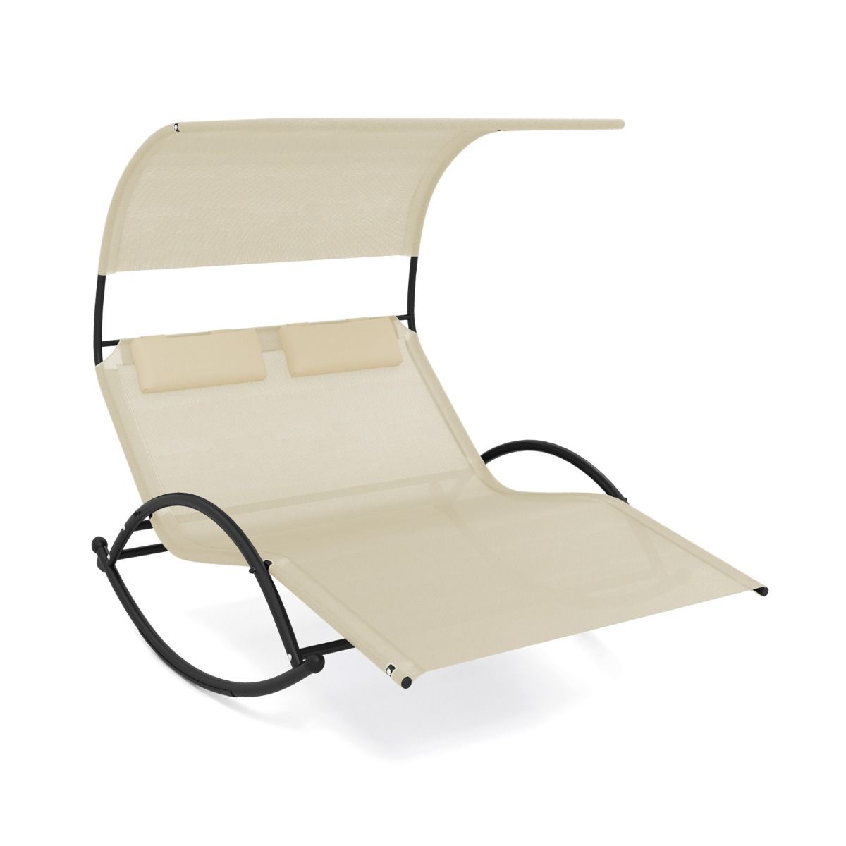 Chaise Longue Double Chaise à Bascule pour 2 Personnes 2 Appui-Têtes Amovibles Cadre en Métal Robuste Lit de Repos Ergonomique 2 Places Gris/Noir/Beige -