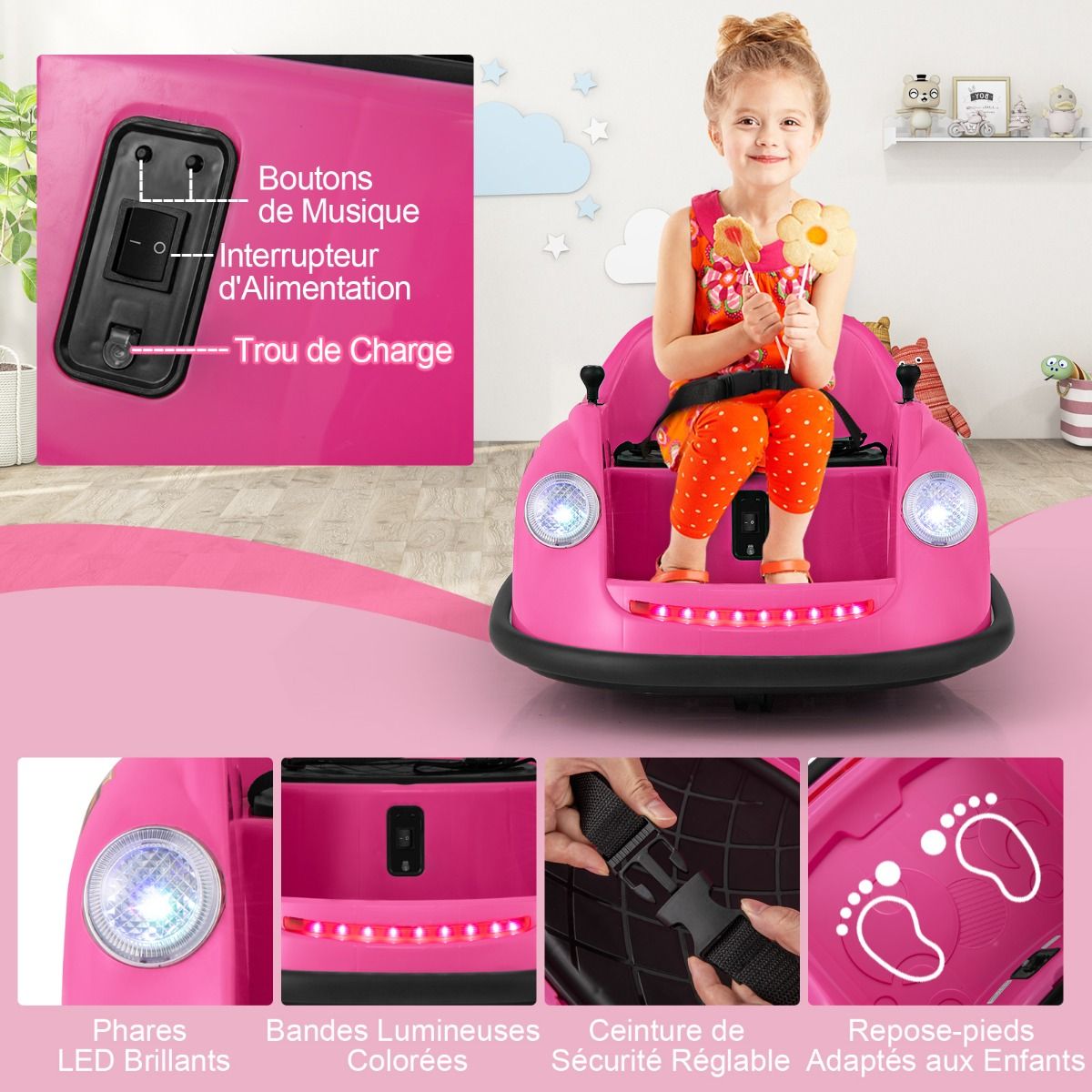 Auto-tamponneuse Electrique 12V pour Enfants Alimente par Batterie Tlcommande Lumires LED Musique pour les 2-5 Ans Rose/Rouge/Bleu -