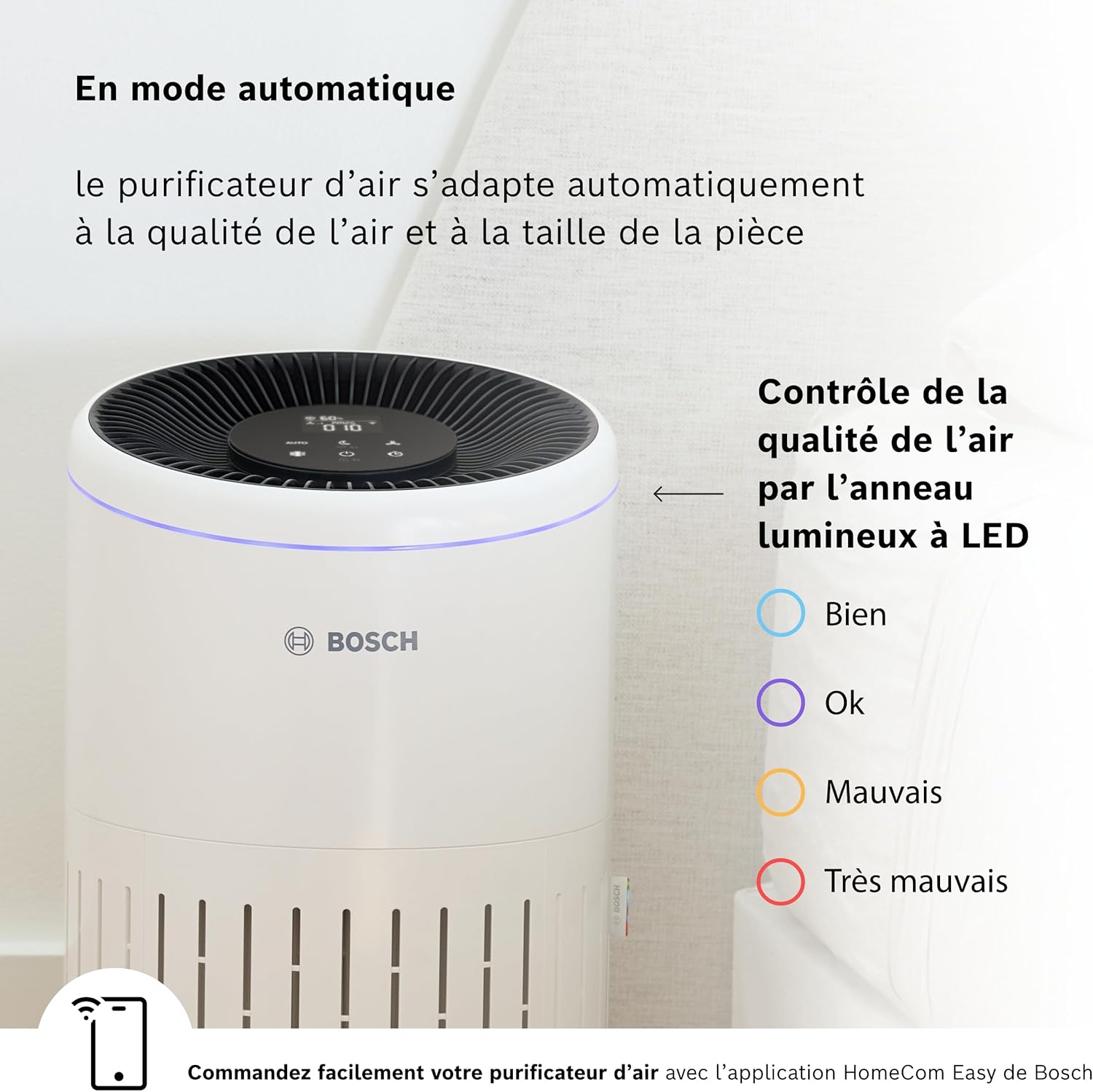 Bosch Air 4000i - Purificateur d'air intelligent - Couvre 62,5 m² - Filtre efficacement plus de 99% des polluants - Mode Auto/Sommeil (< 25 dB(A)) - CADR : 300 m³/h - Connectivité avec écran et app