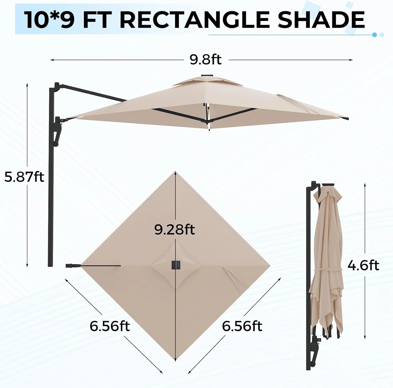 AECOJOY 10FT Large Patio Umbrella with Solar Lights, Rectangle Wall Mounted Outdoor Patio Umbrella, Beige