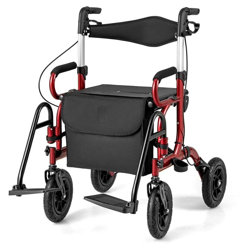 2-in-1 Folding Rollator Walker with Seat, Armrests & 9" All-Terrain Pneumatic Tires, Rolling Walker Wheelchair Combo for Seniors 300LB Capacity
